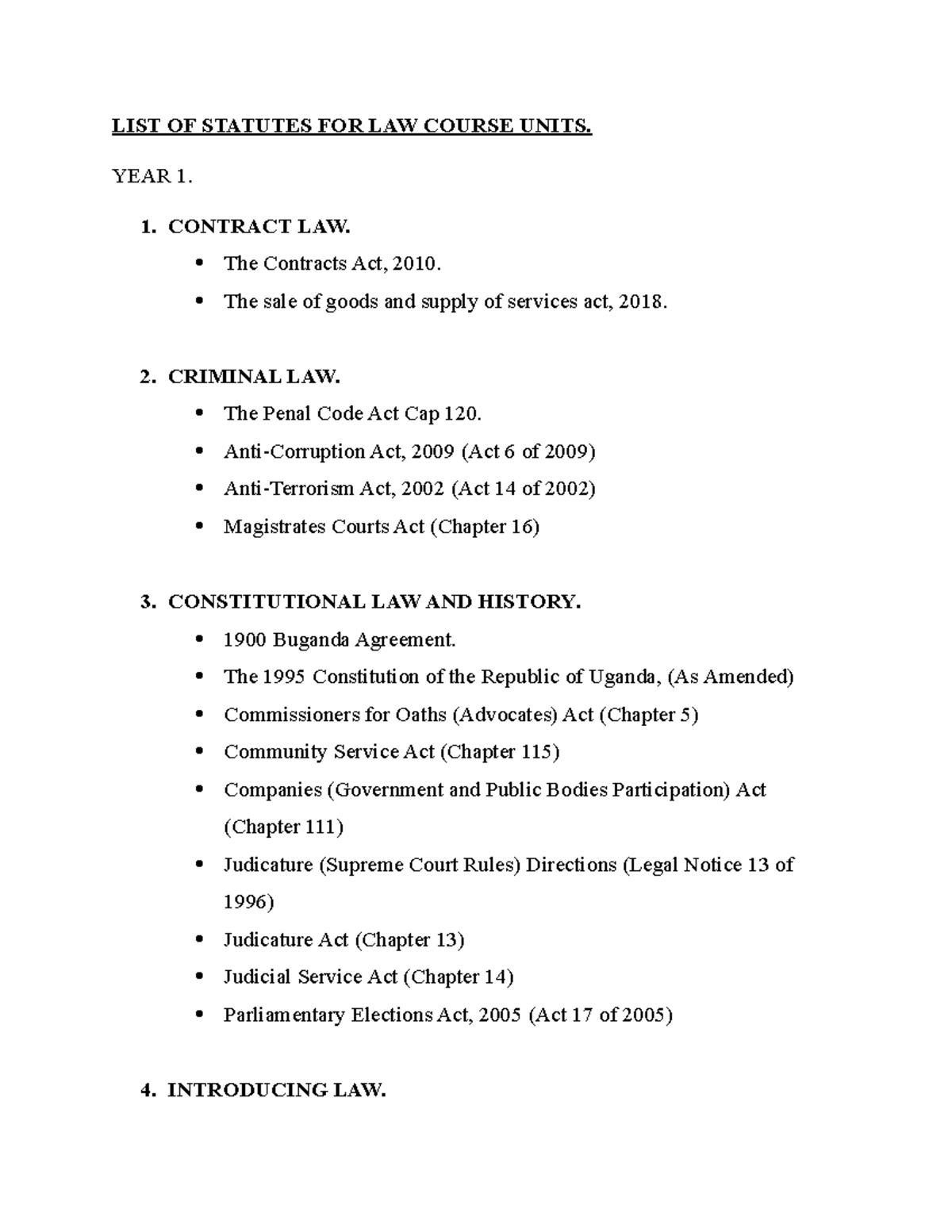 LIST OF Statutes FOR LAW Course Units LIST OF STATUTES FOR LAW COURSE