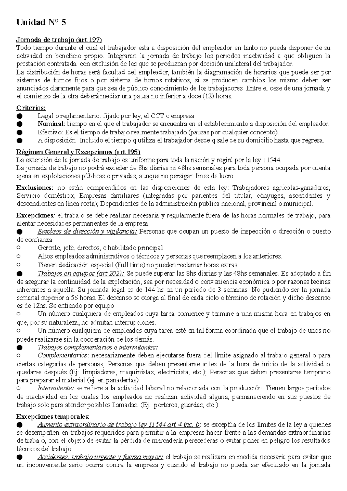 Unidad 5 - RESUMEN - Unidad N° 5 Jornada de trabajo (art 197) Todo ...