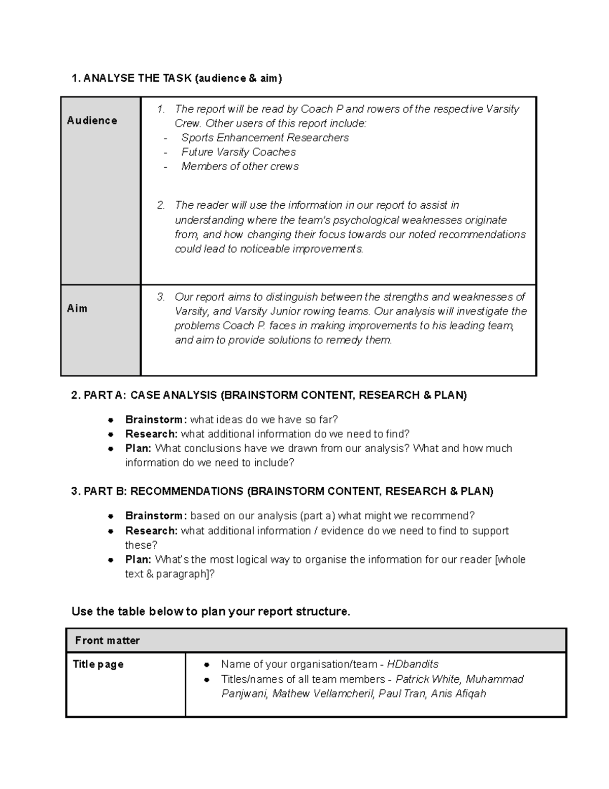 Structural plan - 1. ANALYSE THE TASK (audience & aim) Audience The ...