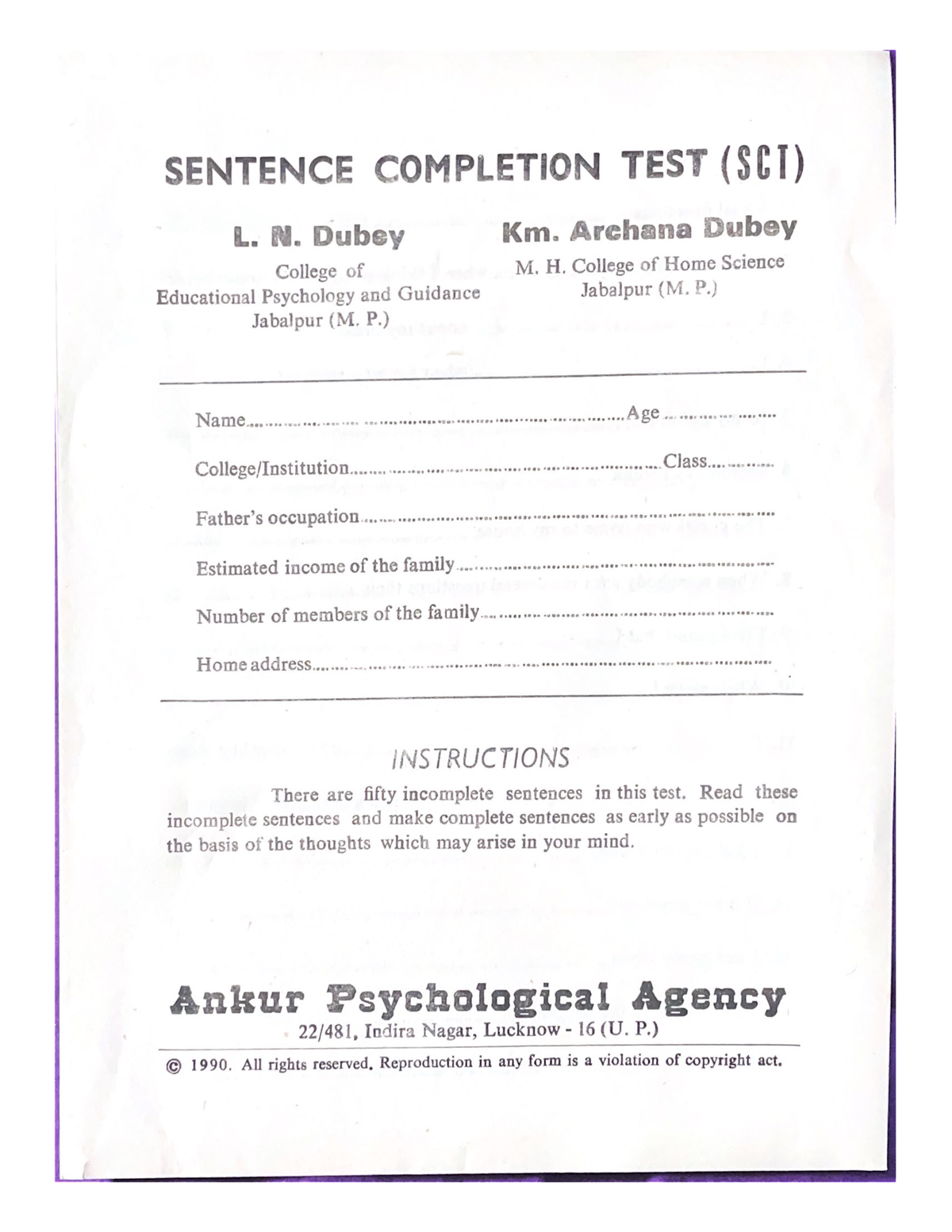 Sentence Completion TEST SCI Developmental Psychology Studocu