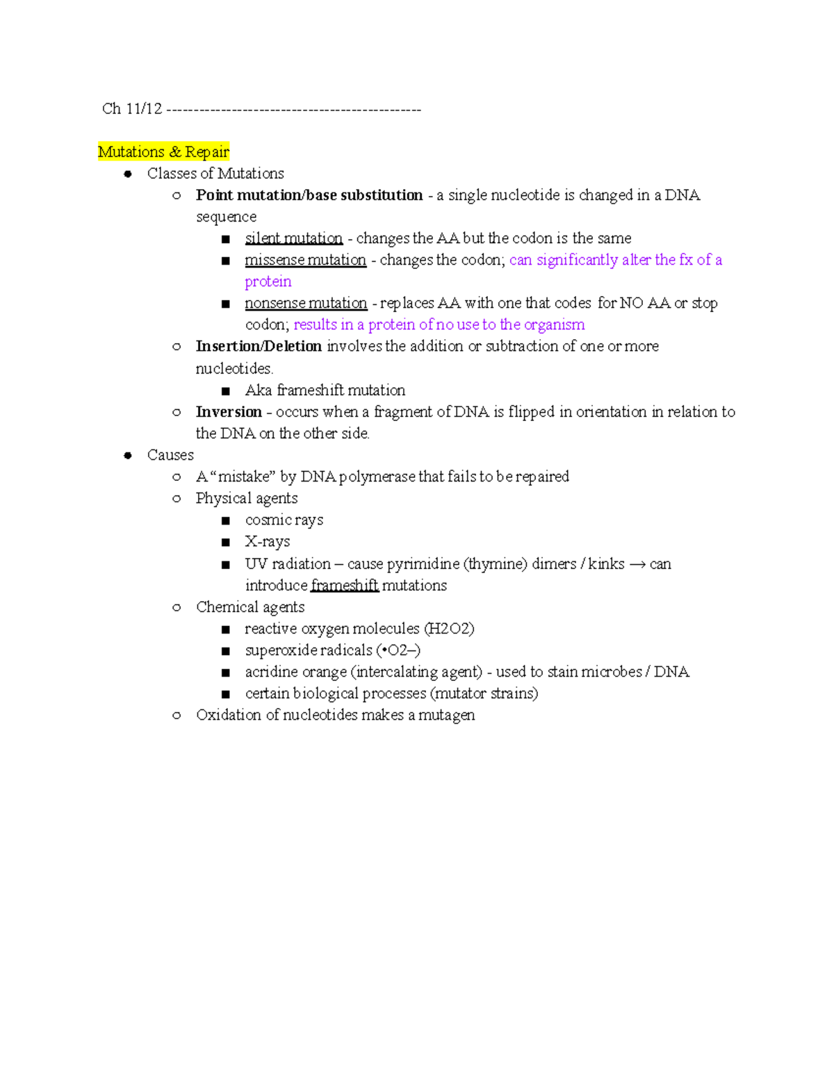 BIOL319 Exam 3 notes - Ch 11/12 - Mutations & Repair Classes of ...
