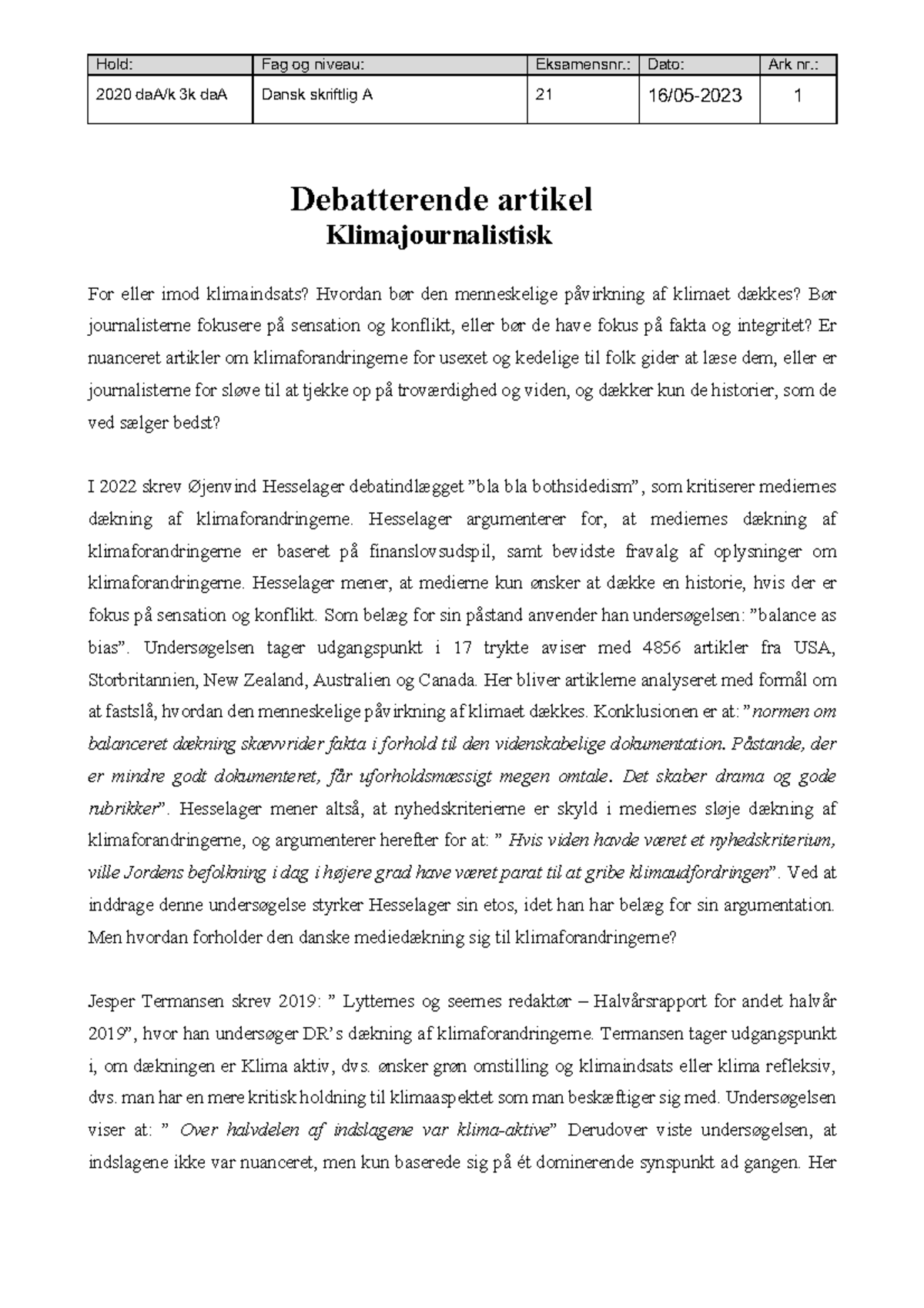 Dansk eksamen 2023 affvl 2020 daA/k 3k daA Dansk skriftlig A 21 16/05