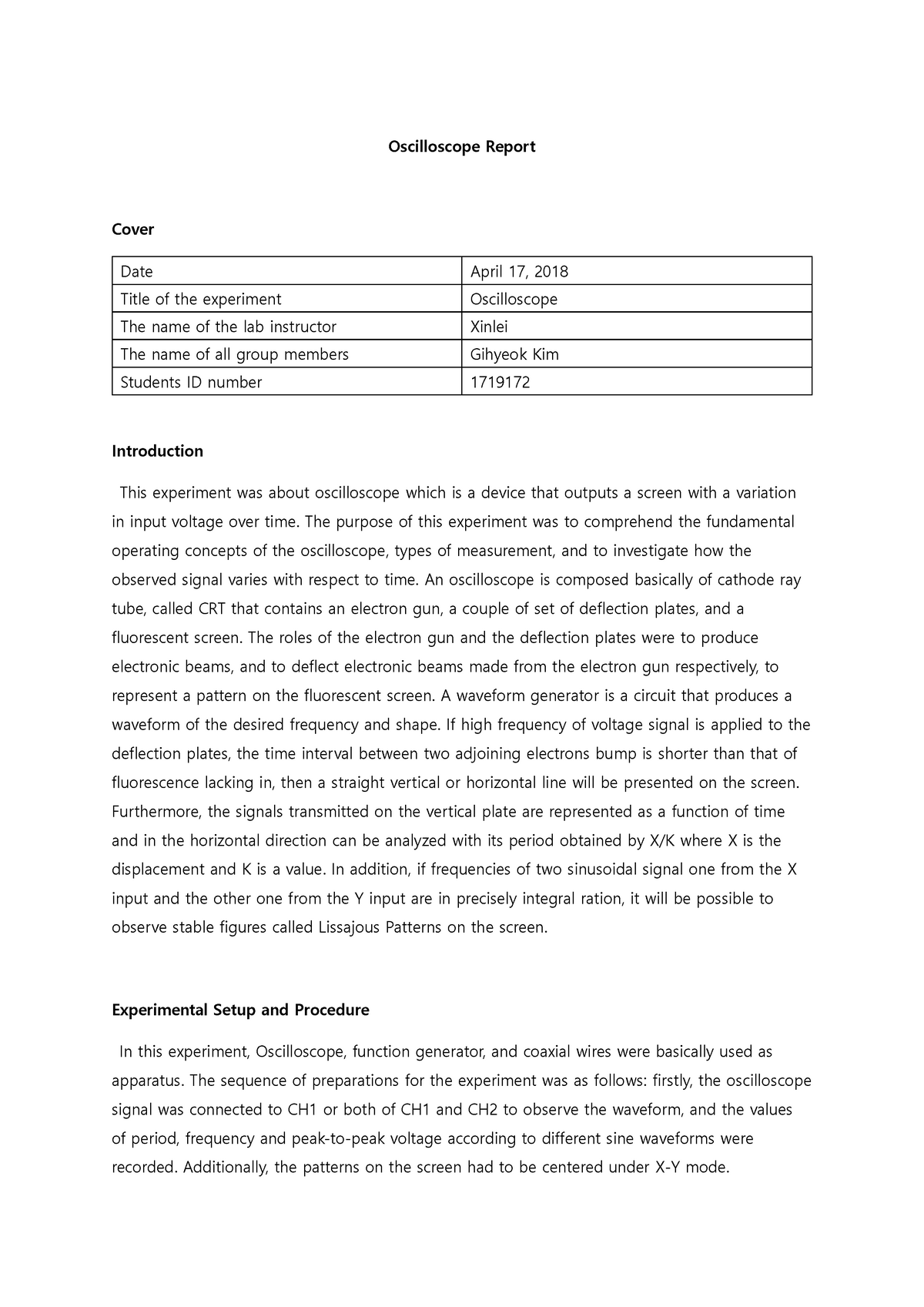 Oscilloscope Report Grade B+ Oscilloscope Report Cover Date April