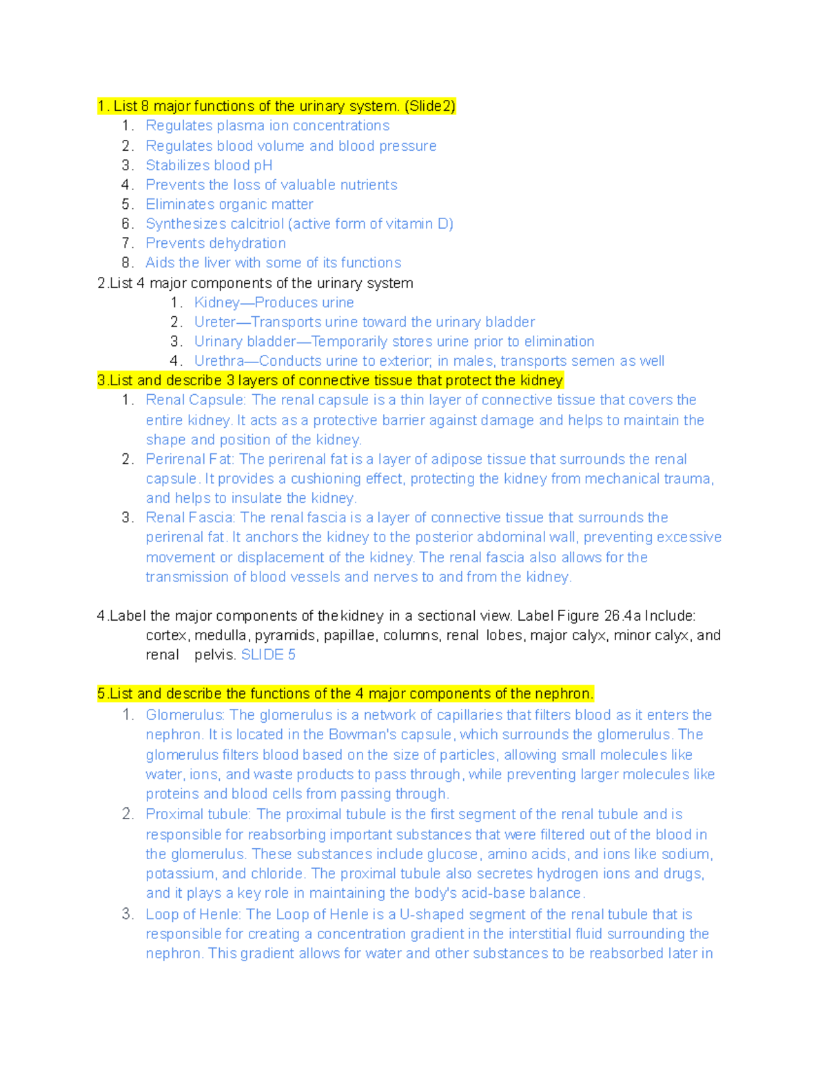 Study guide anatomy exam 4 - List 8 major functions of the urinary ...