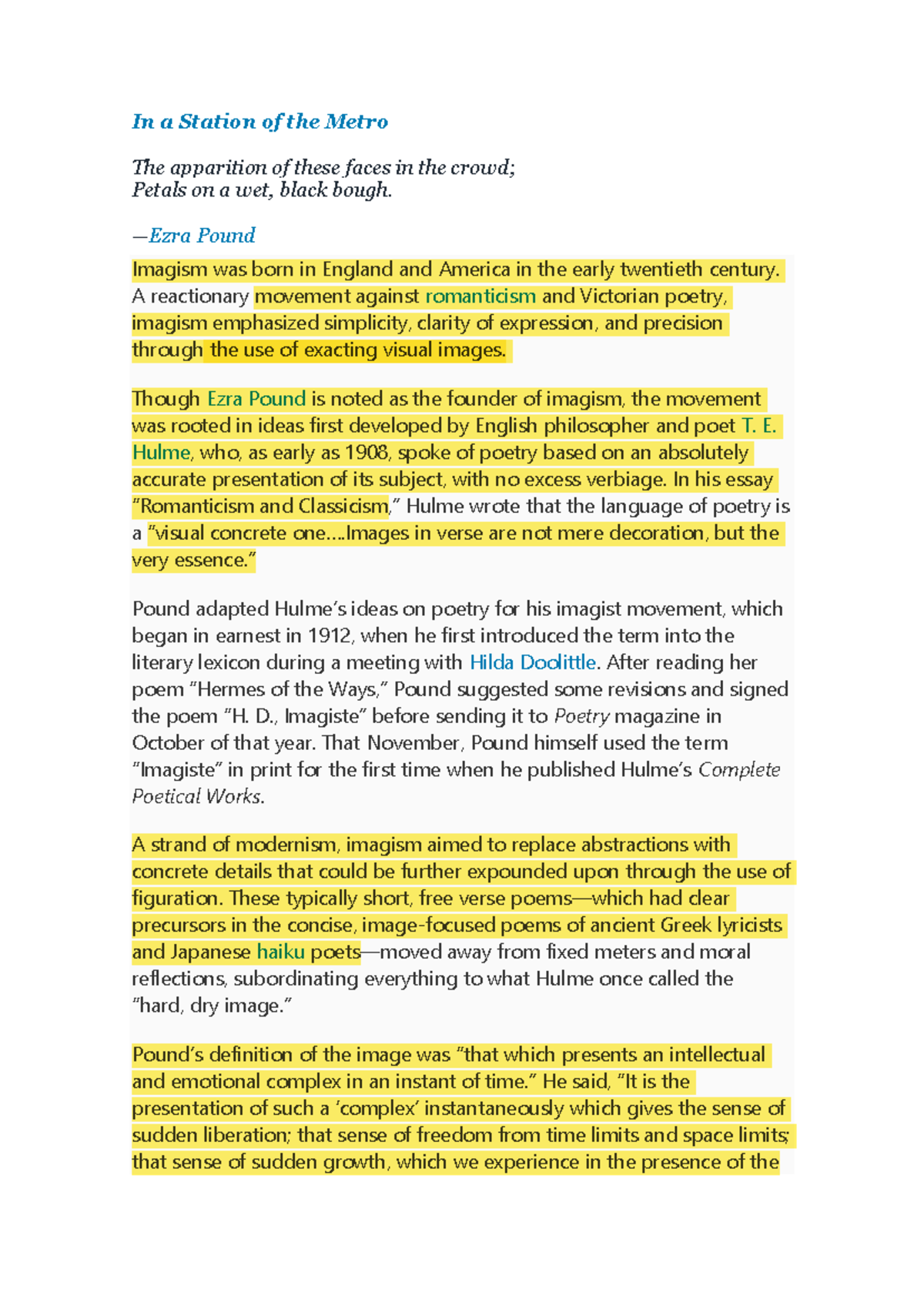 A brief guide to imagism- Tenets - In a Station of the Metro The ...