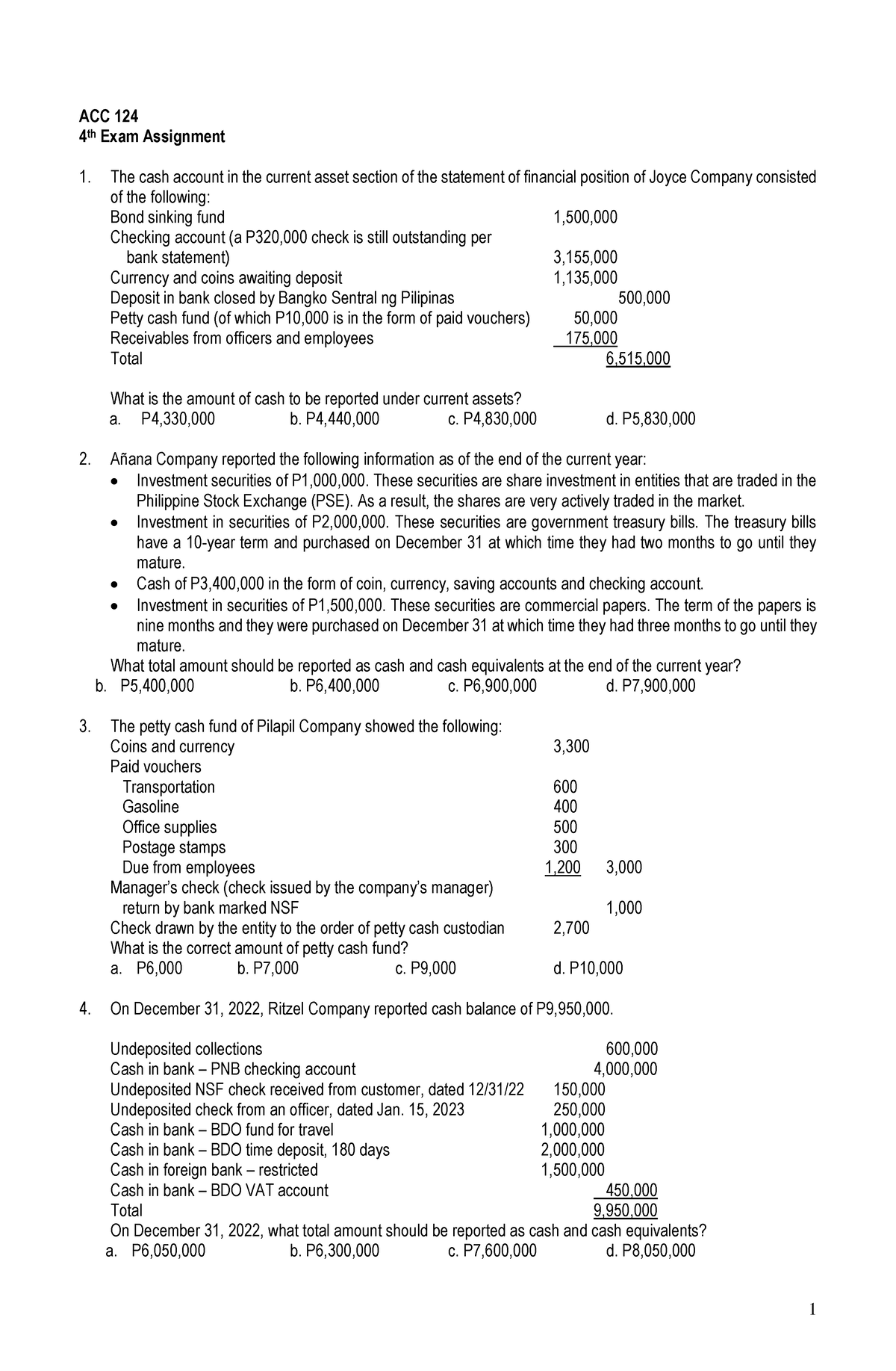 Ploiuytrcxsddssfsxfgd - ACC 124 4 Th Exam Assignment The Cash Account ...