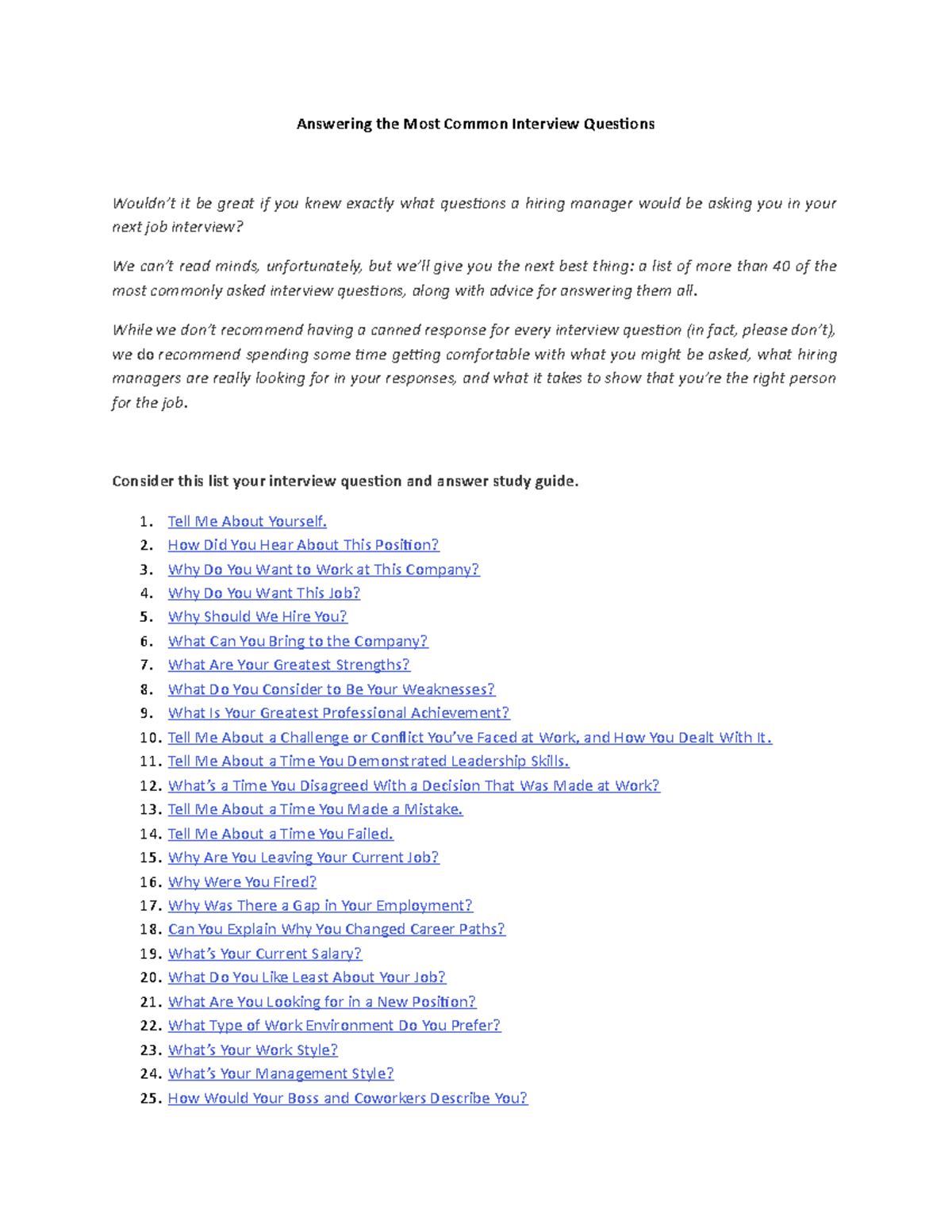 Guide to Answering Interview Questions - Answering the Most Common ...
