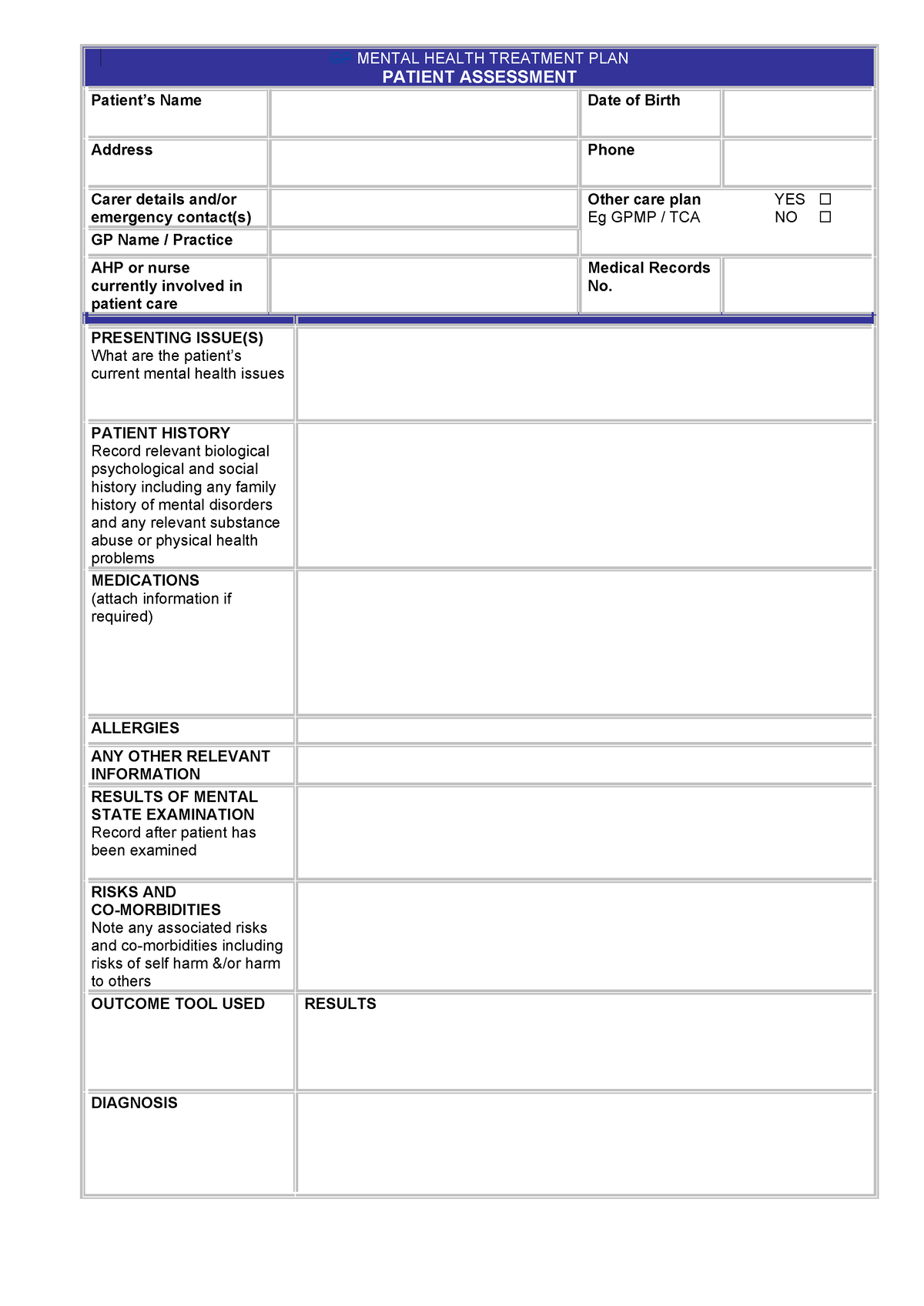 Mental Health Care Plan - GP MENTAL HEALTH TREATMENT PLAN PATIENT ...