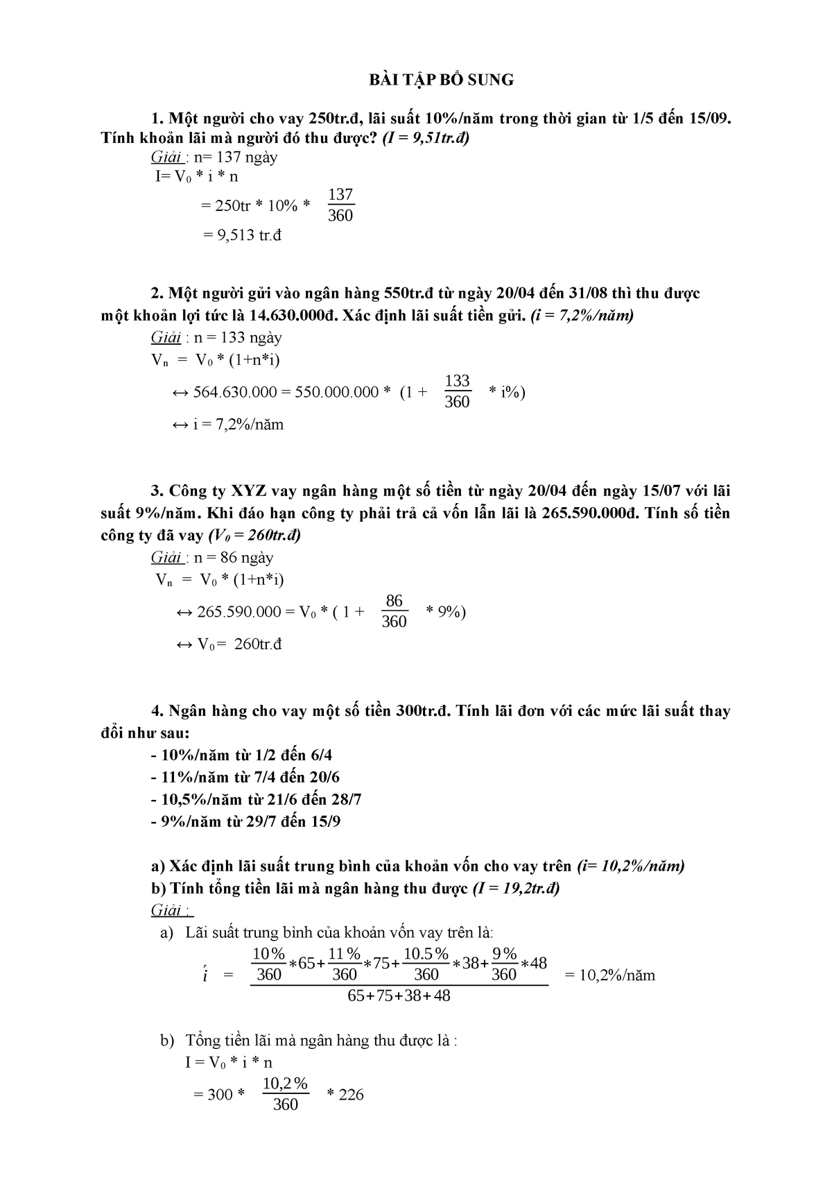Bài Tập Toán Tài Chính BÀi TẬp BỔ Sung 1 Một Người Cho Vay