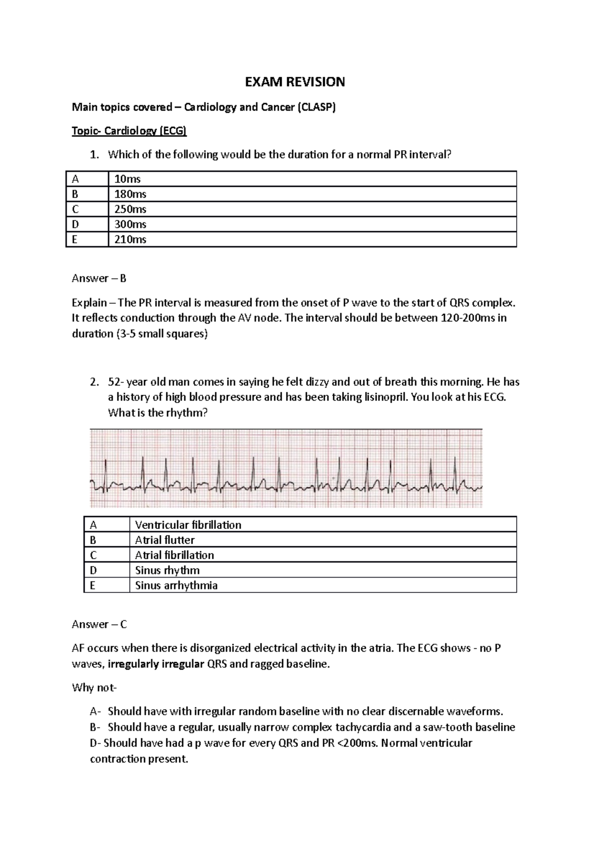 Year 1 exam questions EXAM REVISION Main topics covered Cardiology