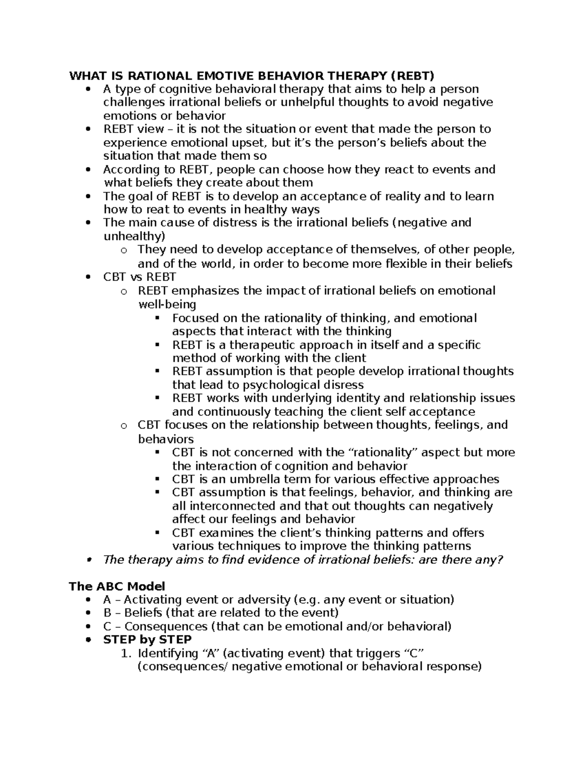 REBT - any event or situation) B – Beliefs (that are related to the ...
