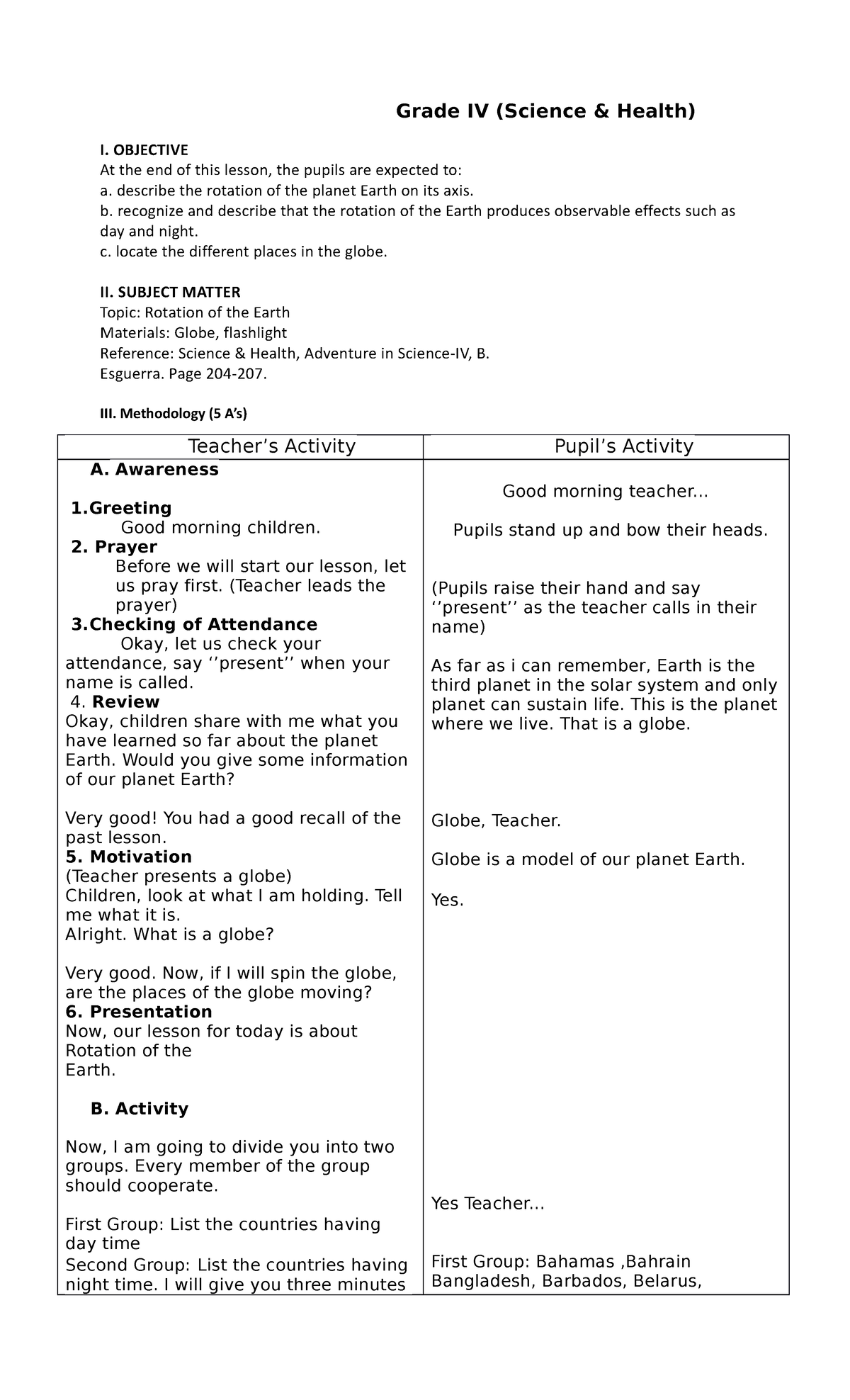 5A's Lesson Plan - be guided - Grade IV (Science & Health) I. OBJECTIVE ...