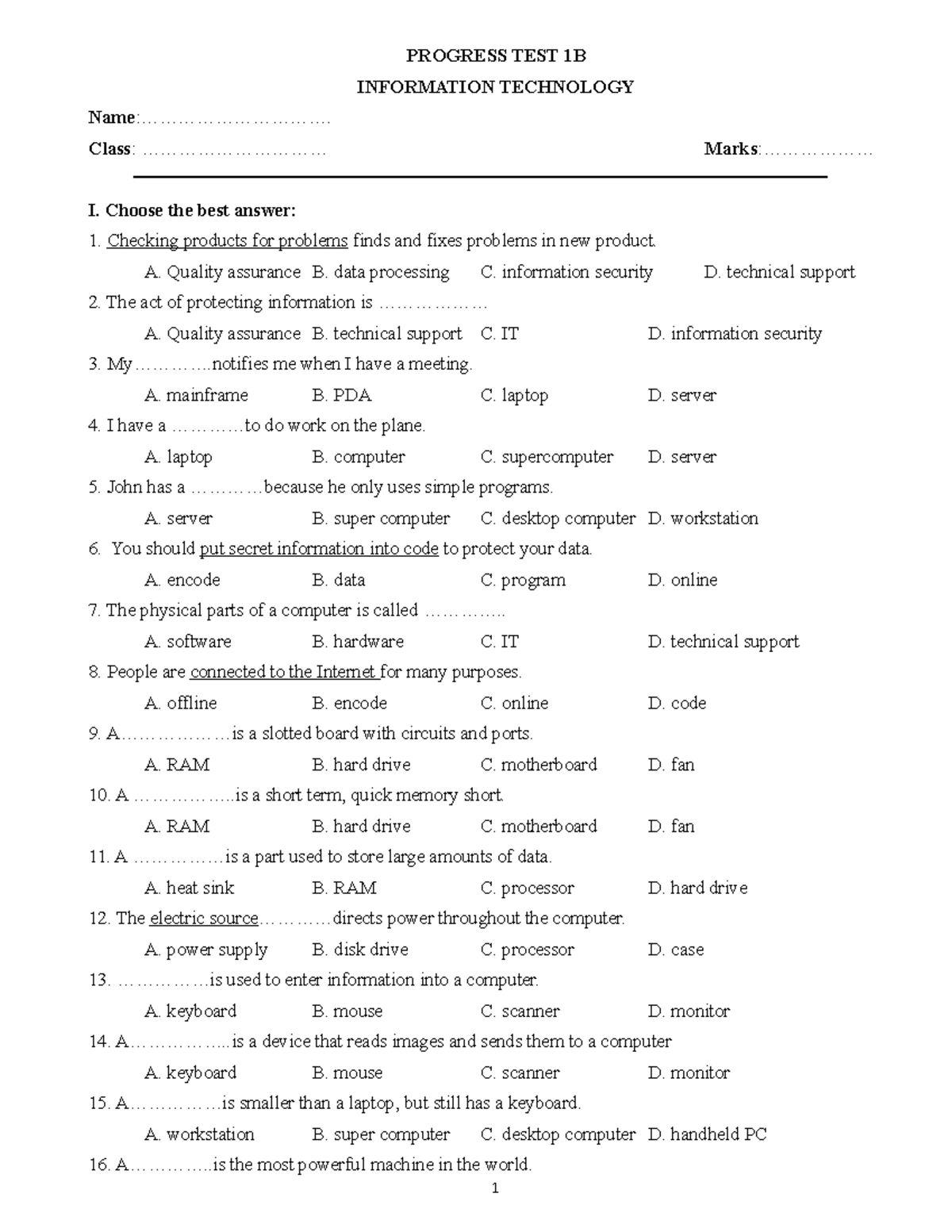 Progress TEST 1B - Pwjspsbdd - PROGRESS TEST 1B INFORMATION TECHNOLOGY ...
