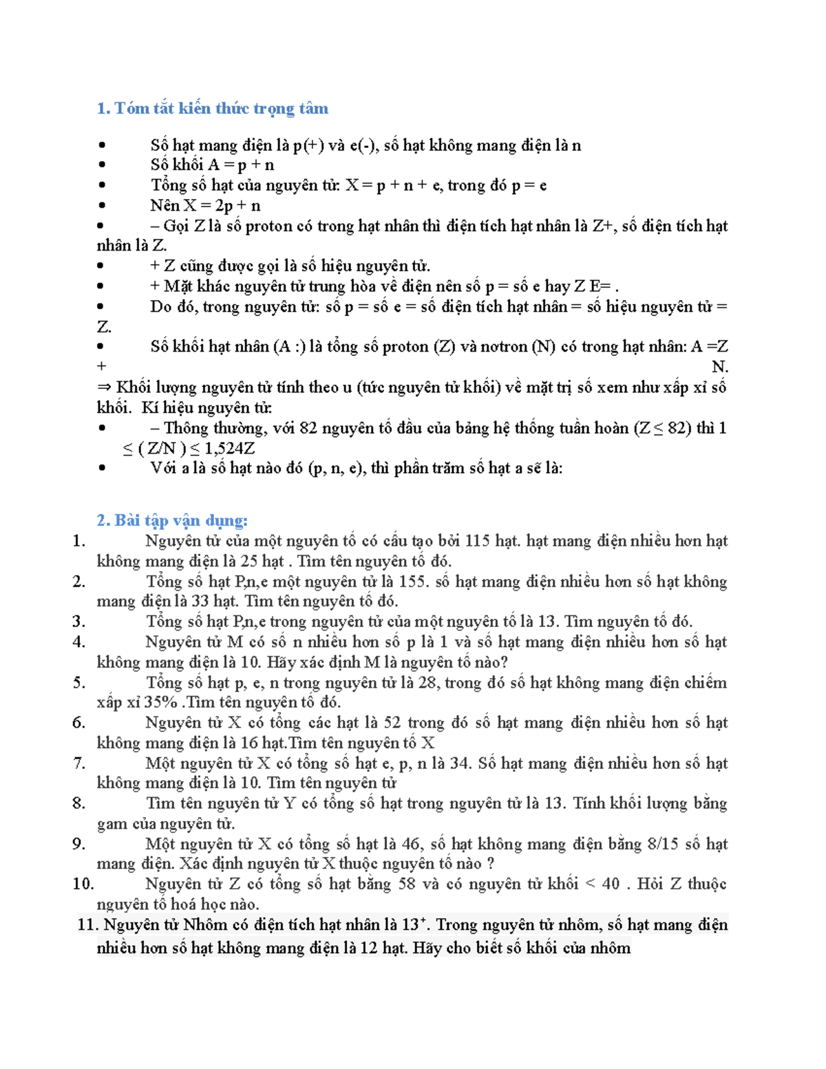 Nguyên Tử - 1. Tóm Tắt Kiến Thức Trọng Tâm Số Hạt Mang điện Là P(+) Và ...