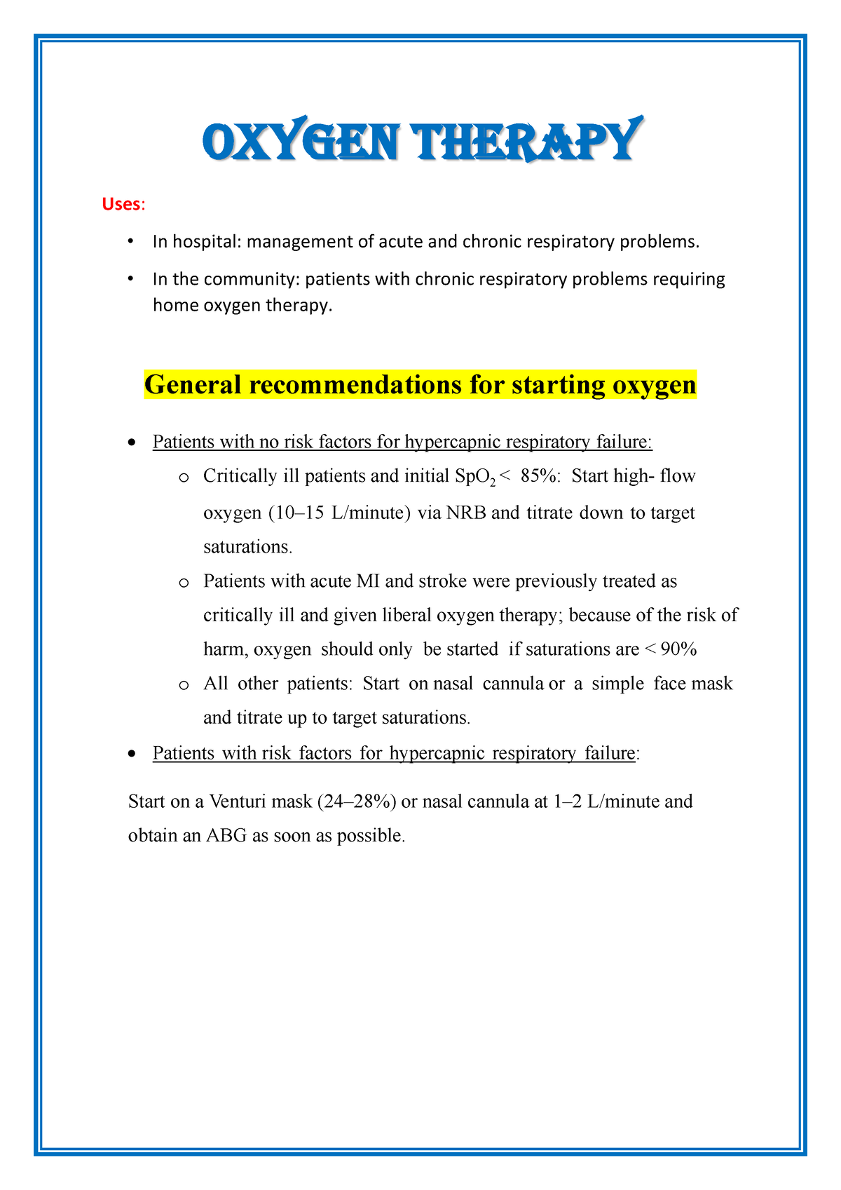 Oxygen Therapy - Oxygen Therapy Uses: In Hospital: Management Of Acute ...