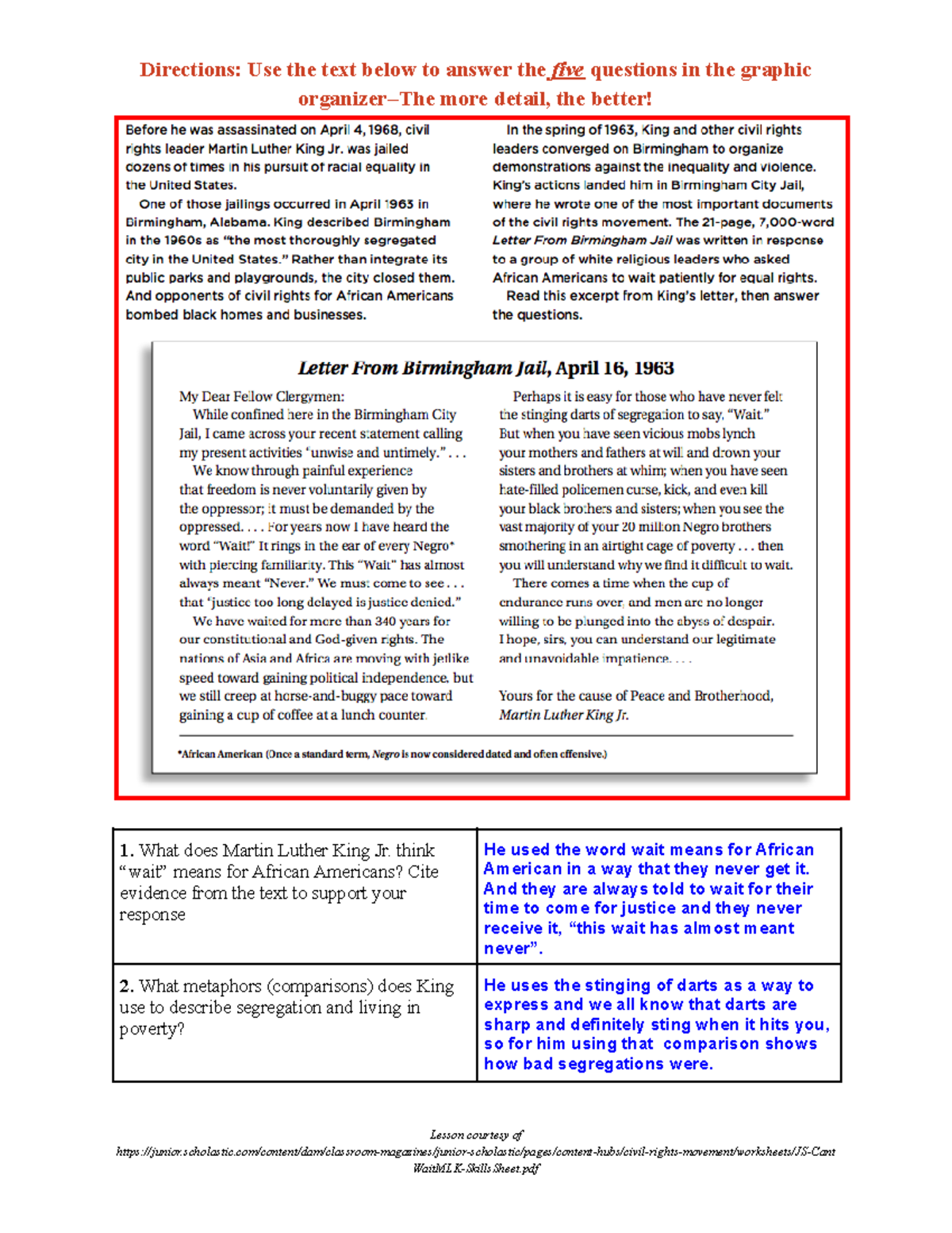 5 MLK - Directions: Use the text below to answer the five questions in ...