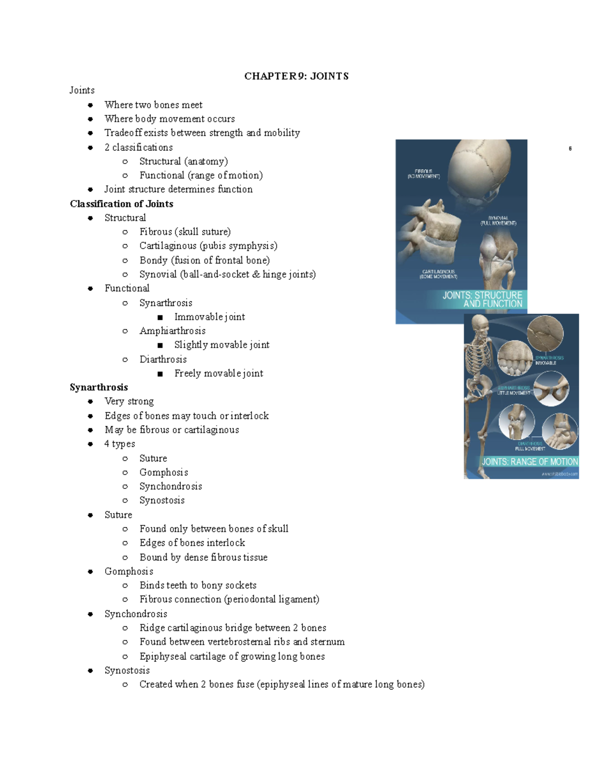 BIO 220 chapter 9 - CHAPTER 9: JOINTS Joints Where two bones meet Where ...