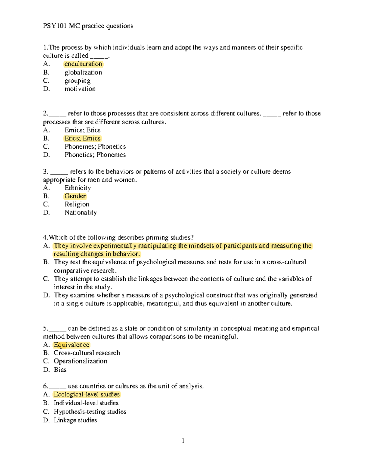 PSY101 practice examination questions - 1 process by which individuals ...