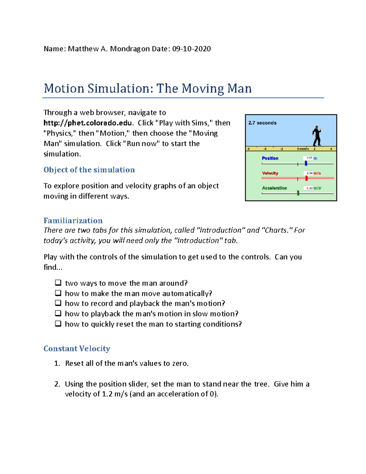 Motion in one dimention-The Moving Man Using PHET Simulation (1) - Warning:  TT: undefined function: - Studocu