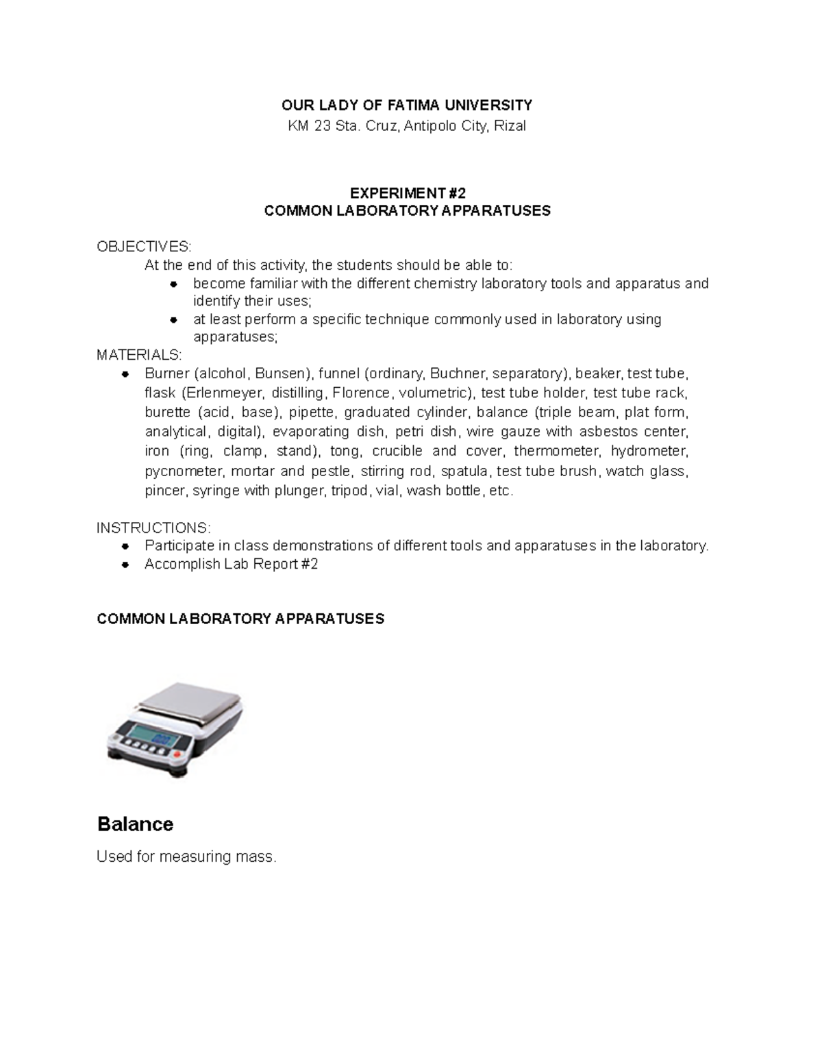 C123 W1 E Common Laboratory Apparatus and Safety Precaution OUR LADY OF FATIMA UNIVERSITY KM