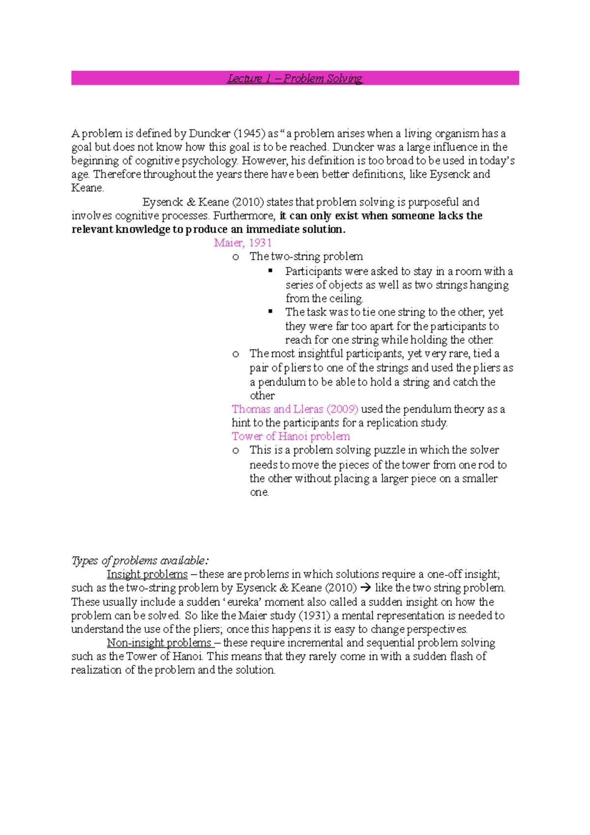 PS2021 - Lecture 1 Notes - Lecture 1 – Problem Solving A problem is ...
