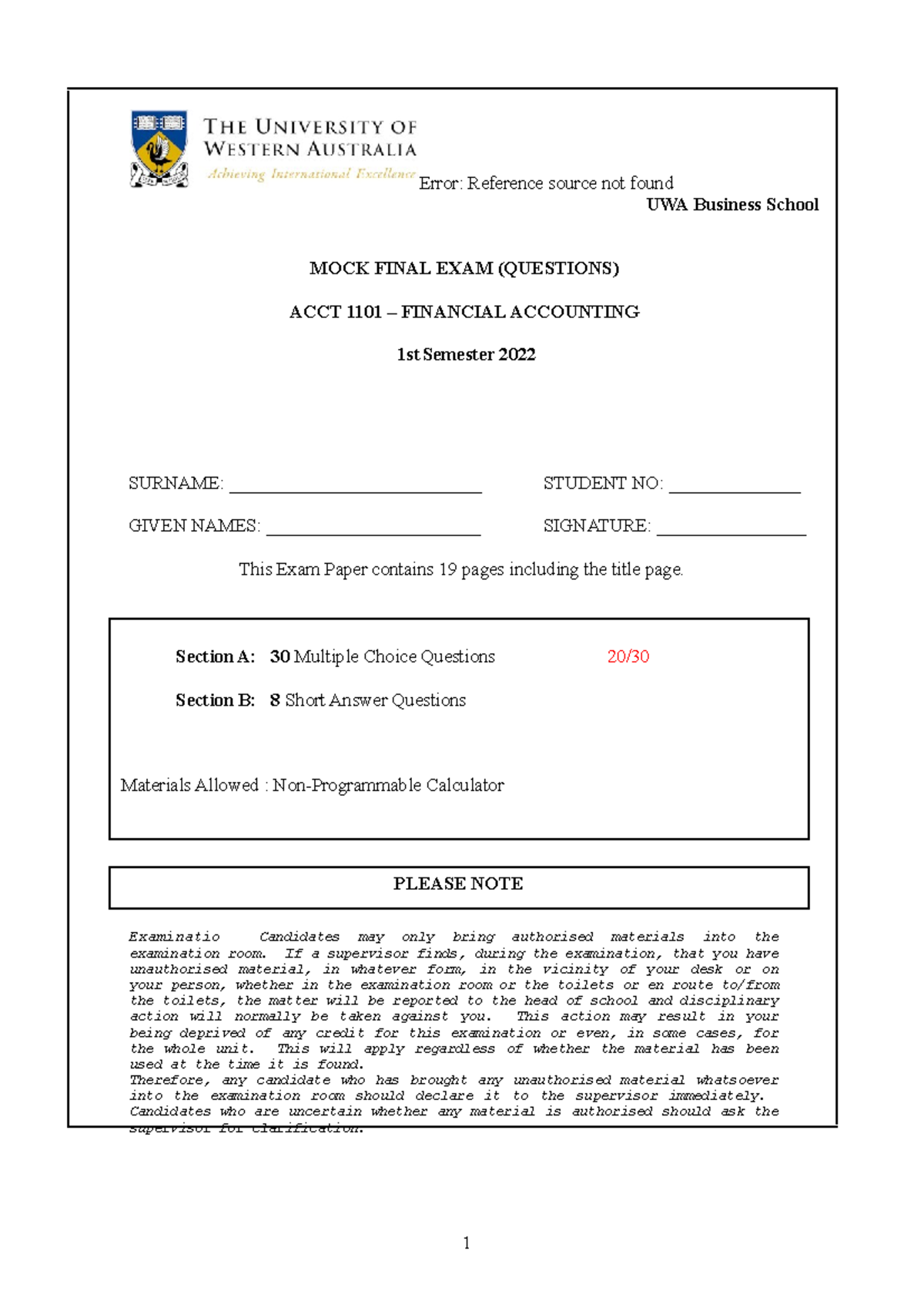 (2022) ACCT1101 Mock Final Exam Semester 1 - Questions (Revision ...