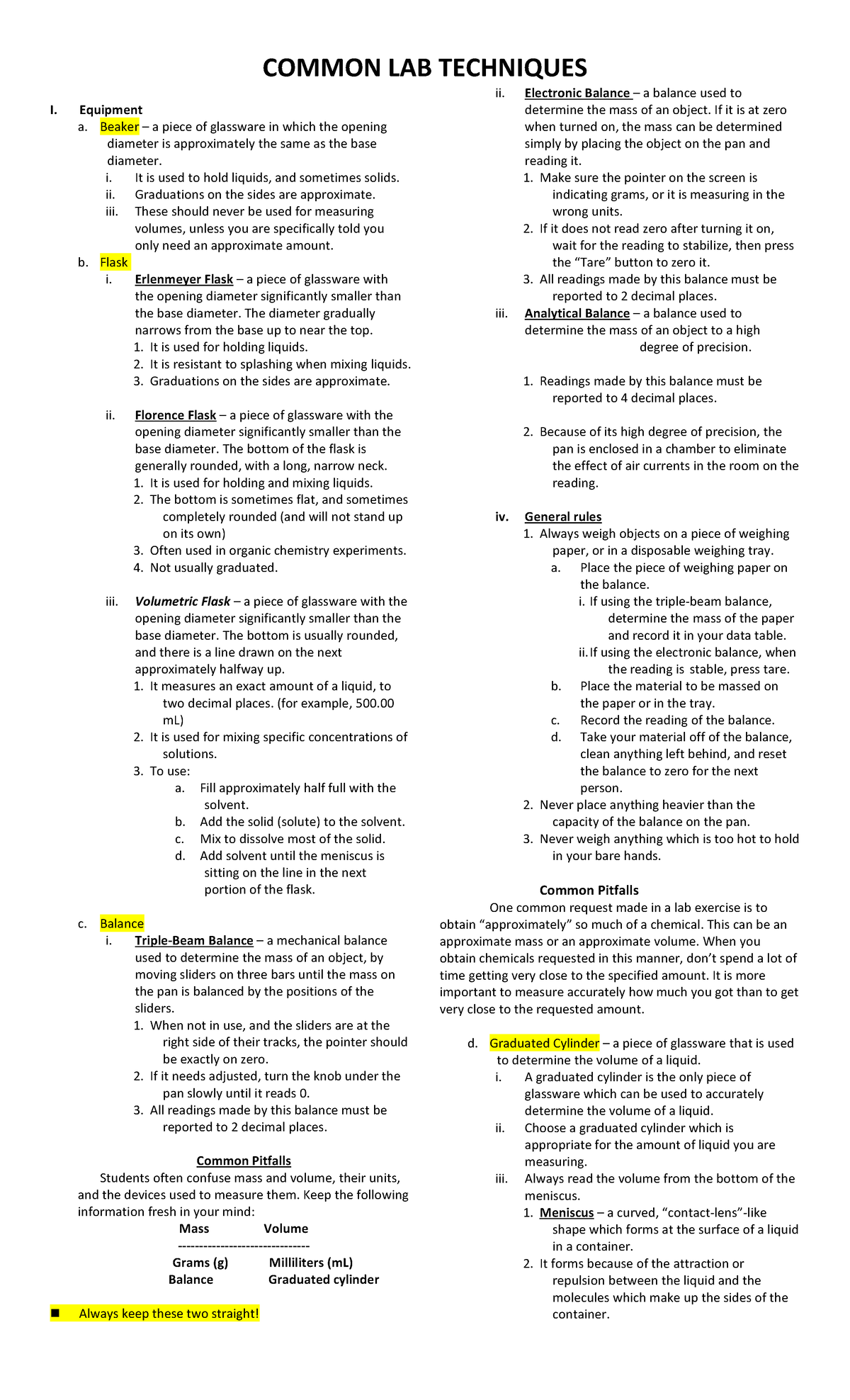 Common LAB Techniques COMMON LAB TECHNIQUES I. Equipment a. Beaker