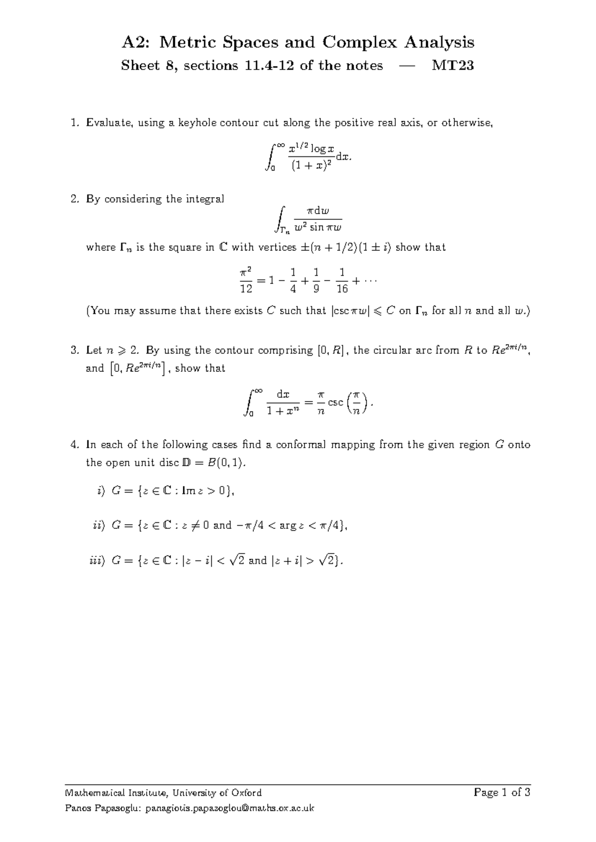 Sheet 8 - FSDF - A2: Metric Spaces and Complex Analysis Sheet 8 ...