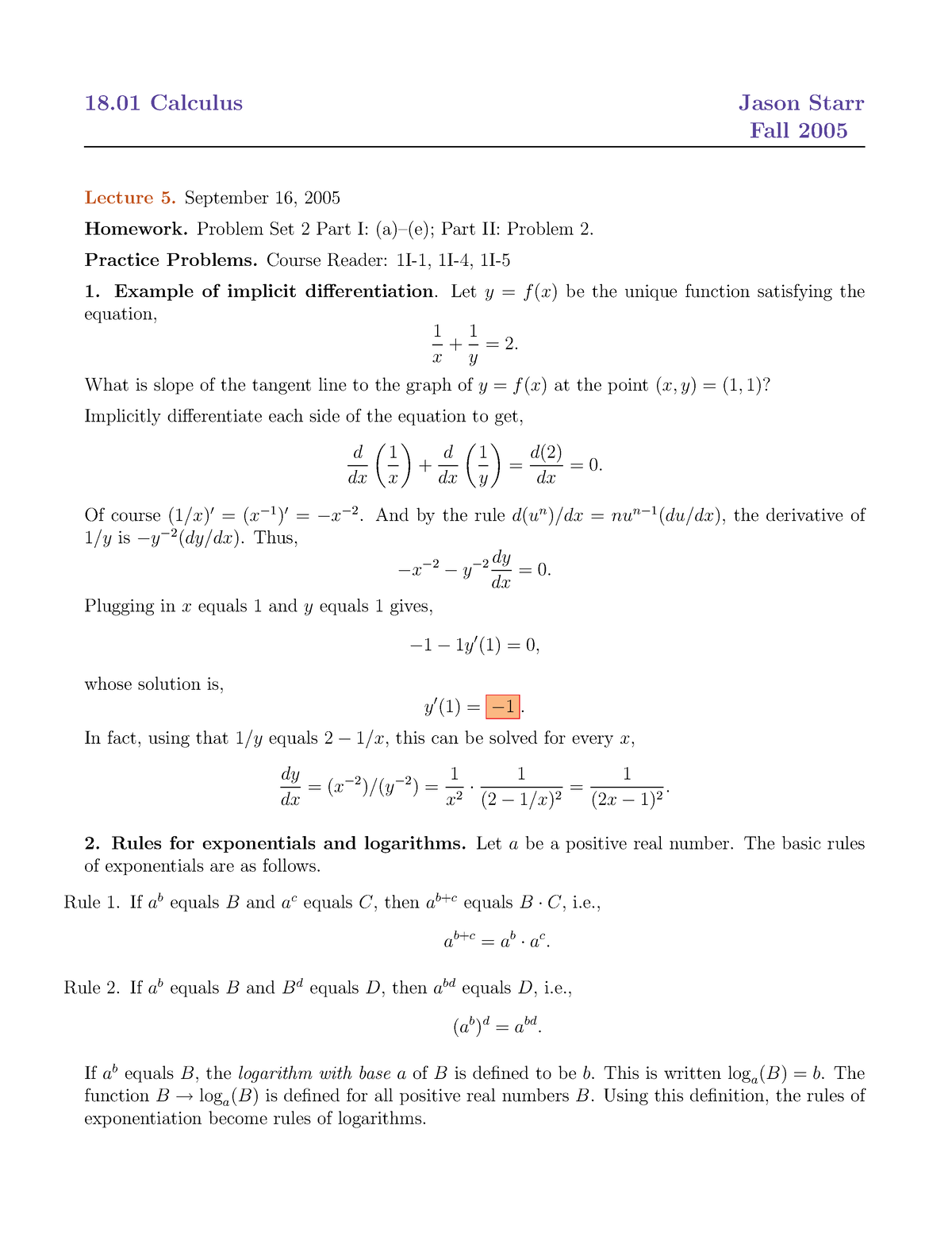 derivatives-of-exponential-and-logarithm-functions-fall-2005-lecture