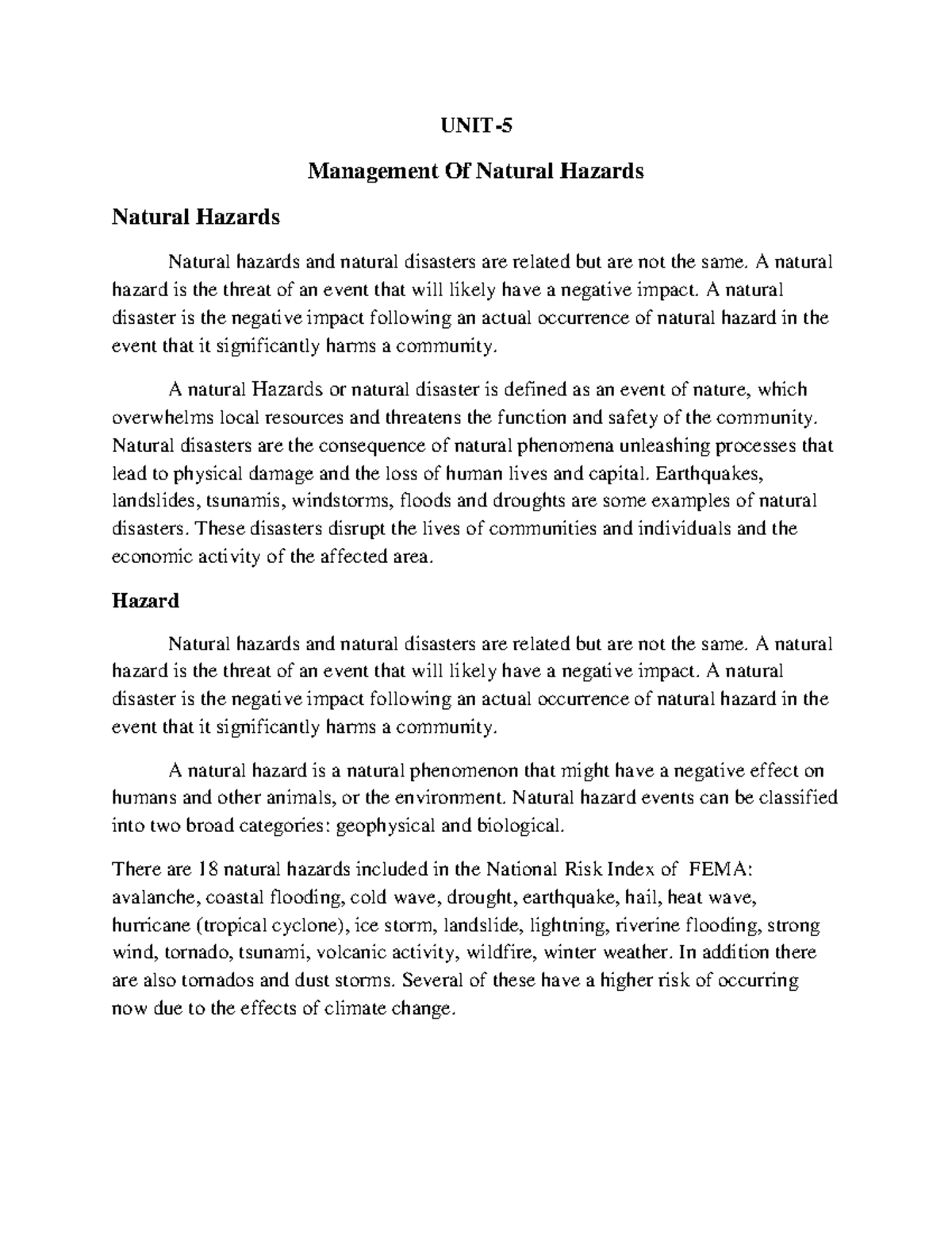 EM UNIT-5 - Em unit 5 - UNIT- 5 Management Of Natural Hazards Natural ...
