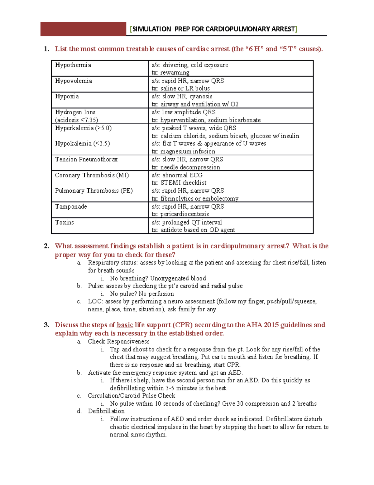 AH2 Code Blue Sim Prep Worksheet - 1. List the most common treatable ...