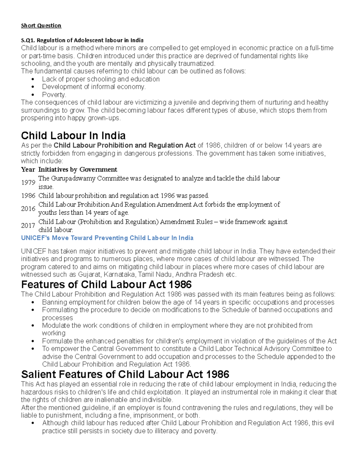 Labour LawII Short Question S. Regulation of Adolescent labour in