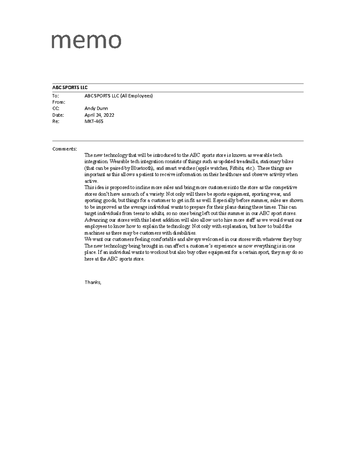 MKT 465 Technology Trends in Retail memo ABC SPORTS LLC To: ABC