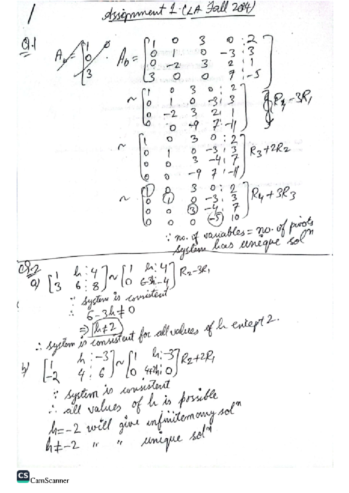 Solution of Assignment 1 LA Fall 2024 - Assignment Fall 204) Q 3 2 A. 0 ...