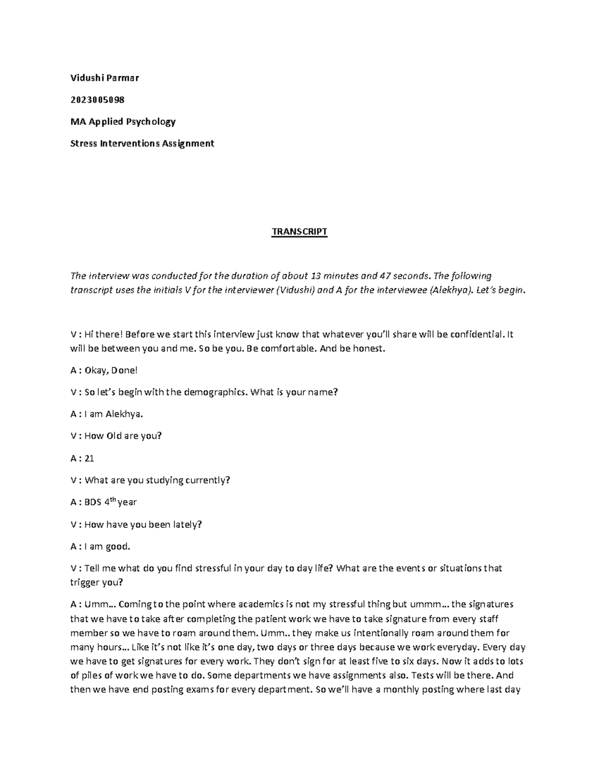 'SI Interview Transcript' with you - Vidushi Parmar 2023005098 MA ...