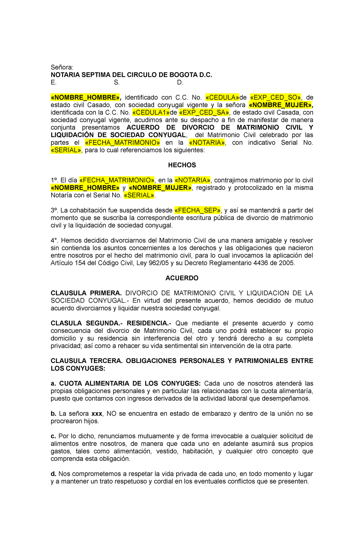 Divorcio Notarial Modelo Acuerdo Señora Notaria Septima Del Circulo De Bogota D E S D 1106