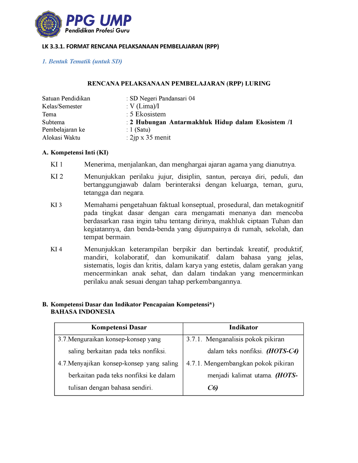 Lk 331 Format Rencana Pelaksanaan Pembelajaran Rpp Luring