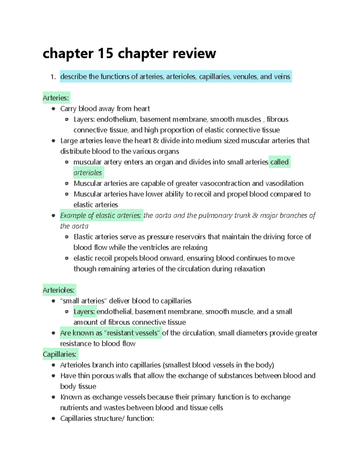 Chapter 15 chapter review - chapter 15 chapter review Arteries ...