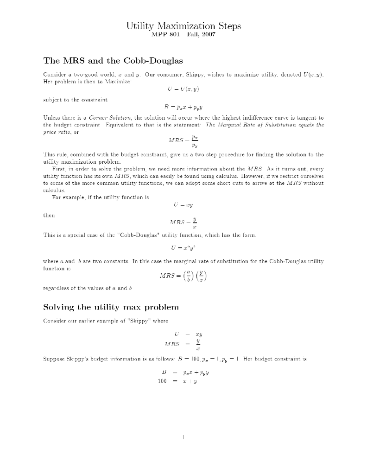 MRS And Cobb Douglas Steps To Solving Utility Maximization ECON 