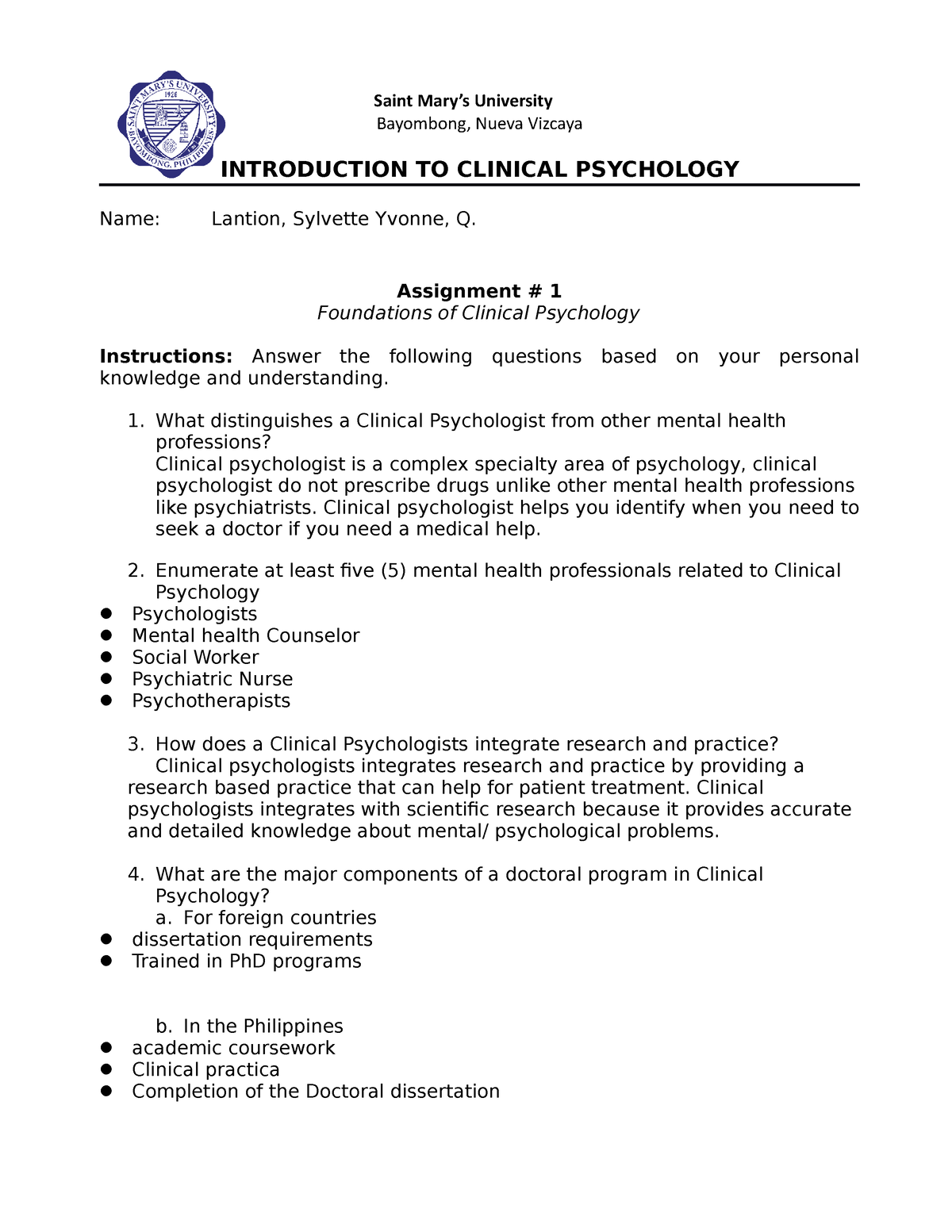 clinical psychology assignment