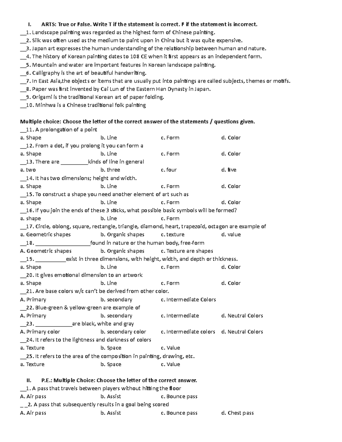 Summative test in grade 8 - I. ARTS: True or False. Write T if the ...