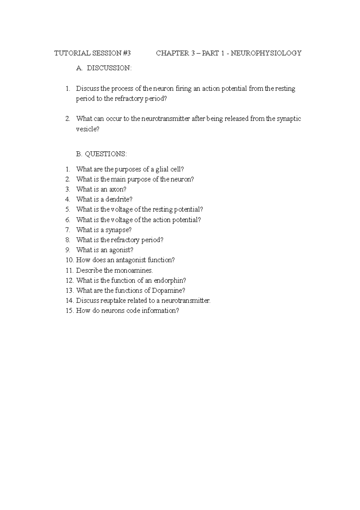 Psychology 1002A Tutorial #3 Questions - TUTORIAL SESSION #3 CHAPTER 3 ...