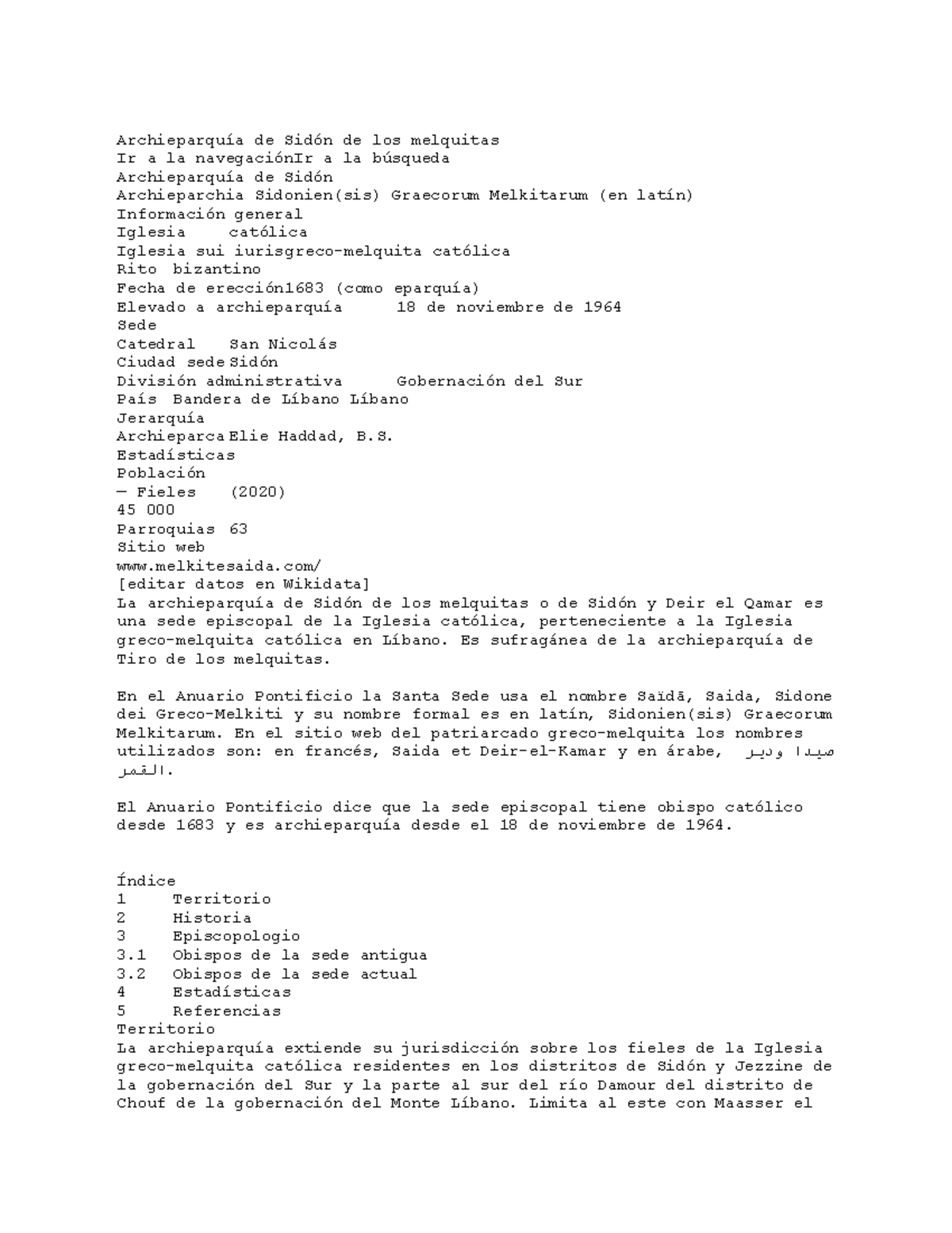 Archieparquía de Sidón de los melquitas Estadísticas Población