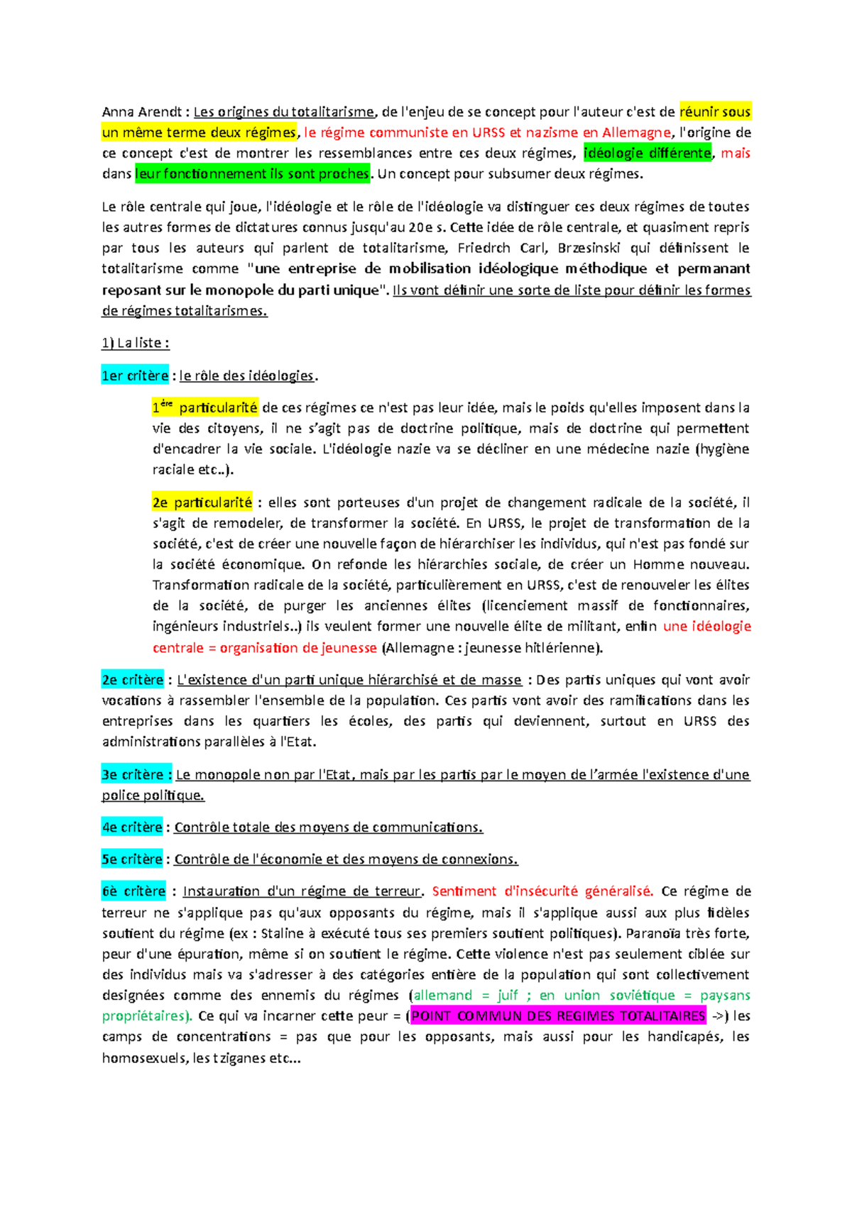 Points Communs Et Différences Des Régimes Totalitaires Dissertation Science politique 26 - Notes de cours 3 - Anna Arendt : Les origines du  totalitarisme, de l'enjeu de - Studocu