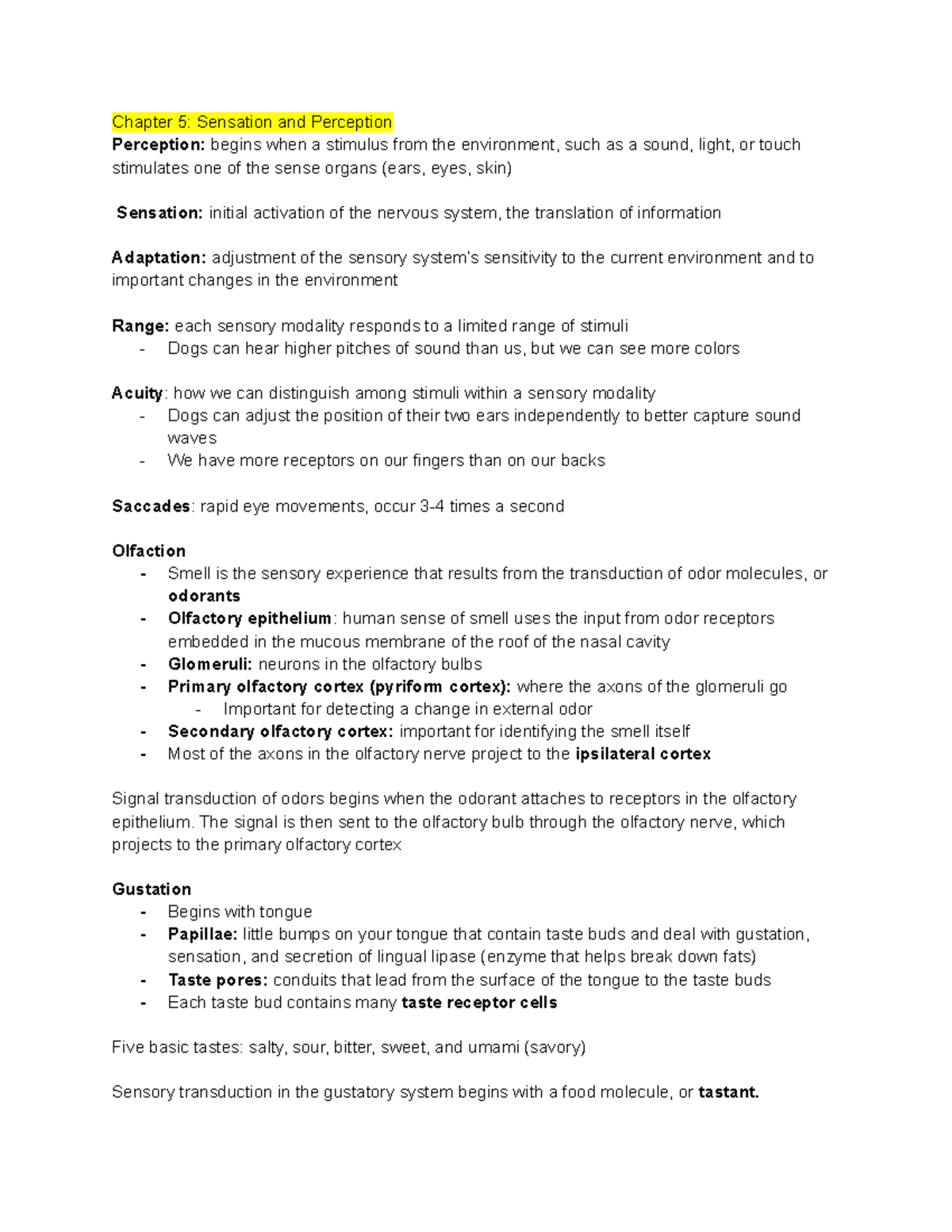 Behavioral Neuro 5 - Chapter 5 notes Vyas - Chapter 5: Sensation and ...