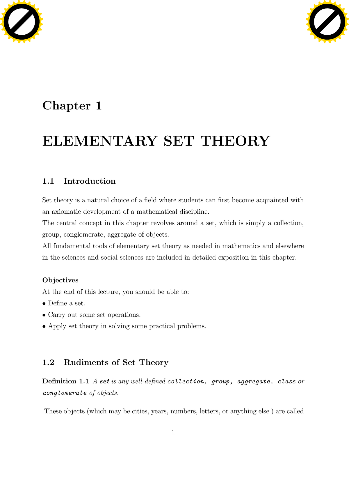 Notes ON SMA-102, Basic Maths - Chapter 1 ELEMENTARY SET THEORY 1 ...