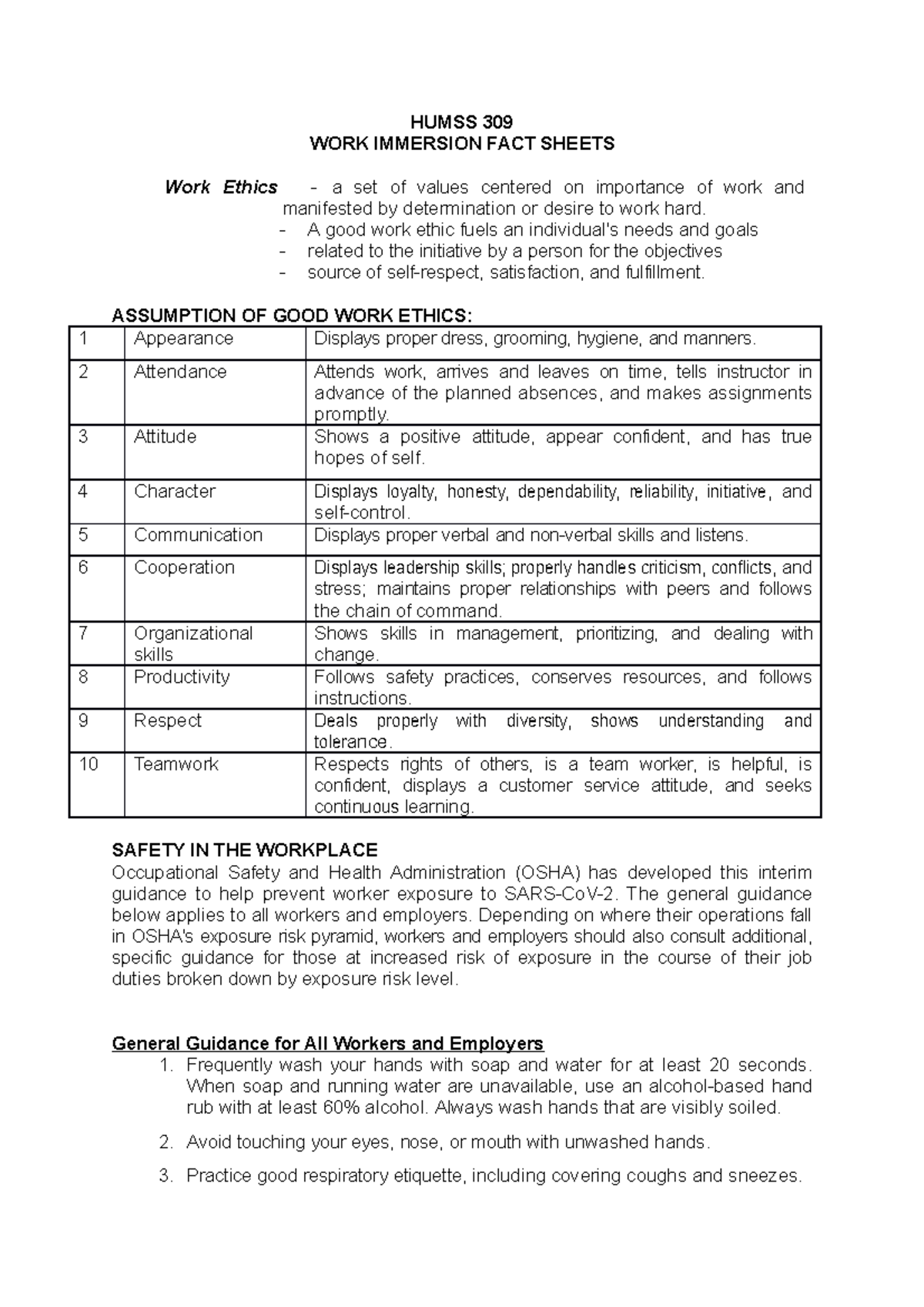 WORK Immersion FACT Sheets HUMSS 309 WORK IMMERSION FACT SHEETS Work