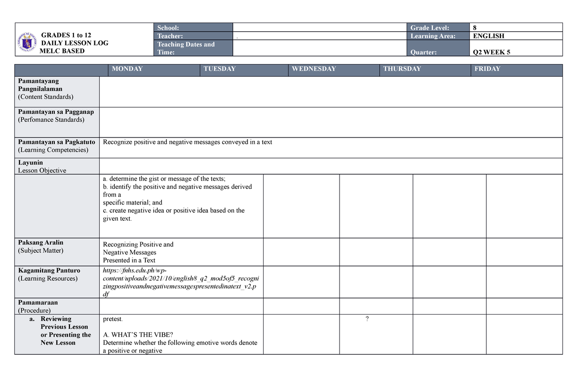 MELC DLL ENG 8 WEEK 5 Q2 DONE - GRADES 1 to 12 DAILY LESSON LOG MELC ...