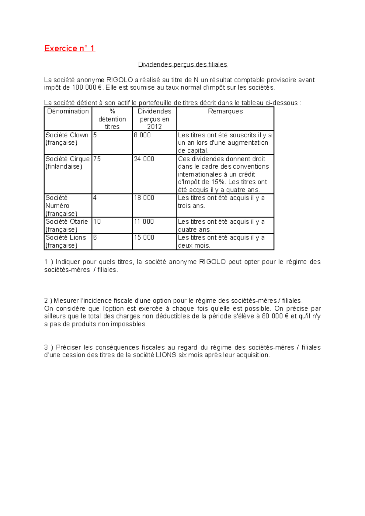 Exercices S-ance Du 07 Nov 2013 - Exercice N° 1 Dividendes Perçus Des ...