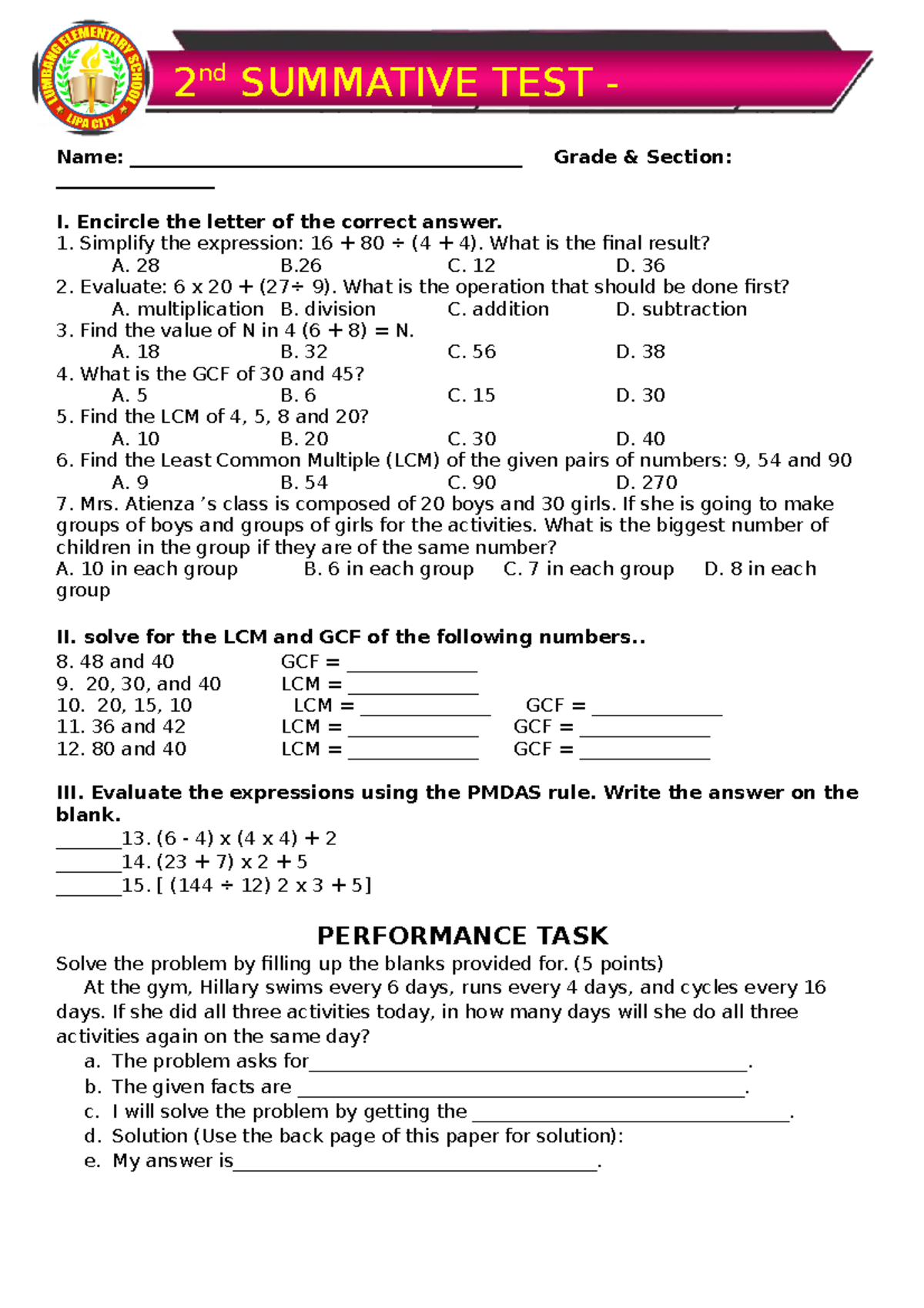 MATH 5 2ND Summative 1 - Teacher-made Files - Name